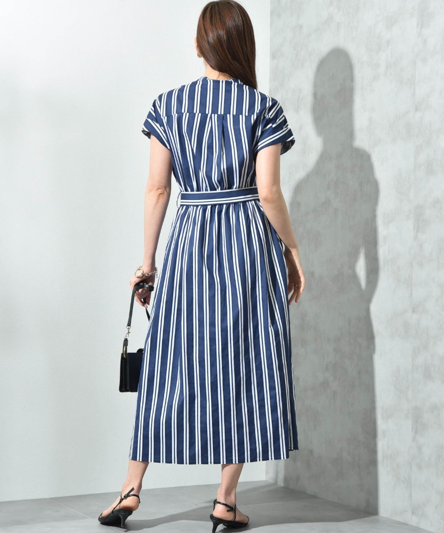 インタープラネット INTERPLANET ストライプ半袖シャツワンピース (ストライプ サックス) ストライプ サックス