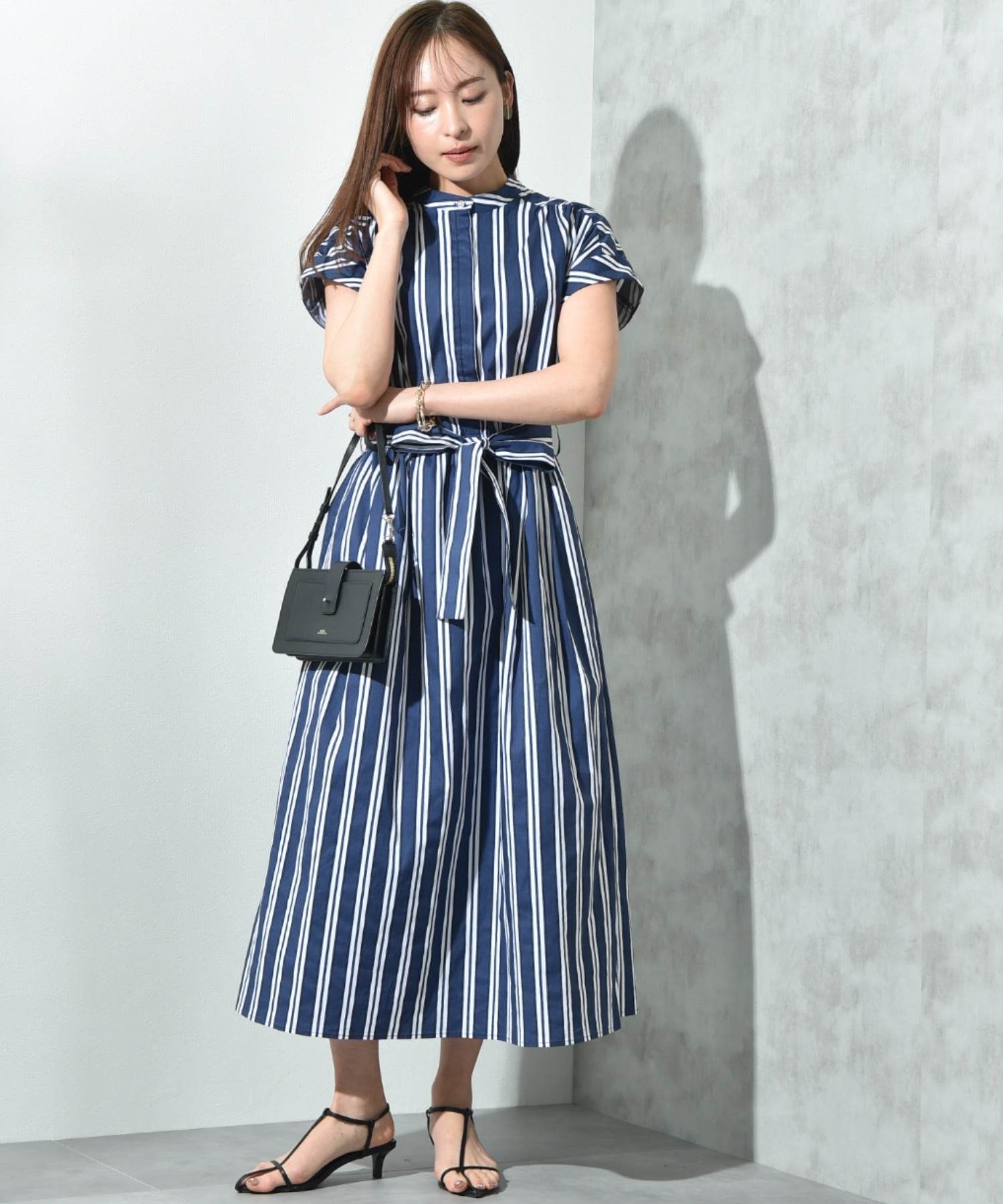 インタープラネット INTERPLANET ストライプ半袖シャツワンピース (ストライプ サックス) ストライプ サックス