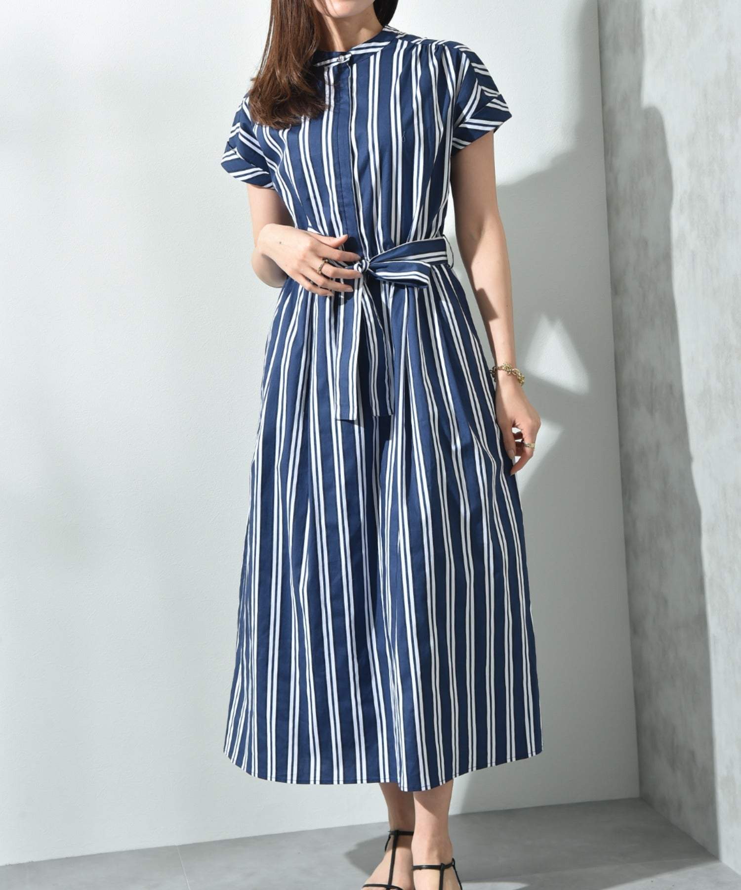 インタープラネット INTERPLANET ストライプ半袖シャツワンピース (ストライプ サックス) ストライプ サックス