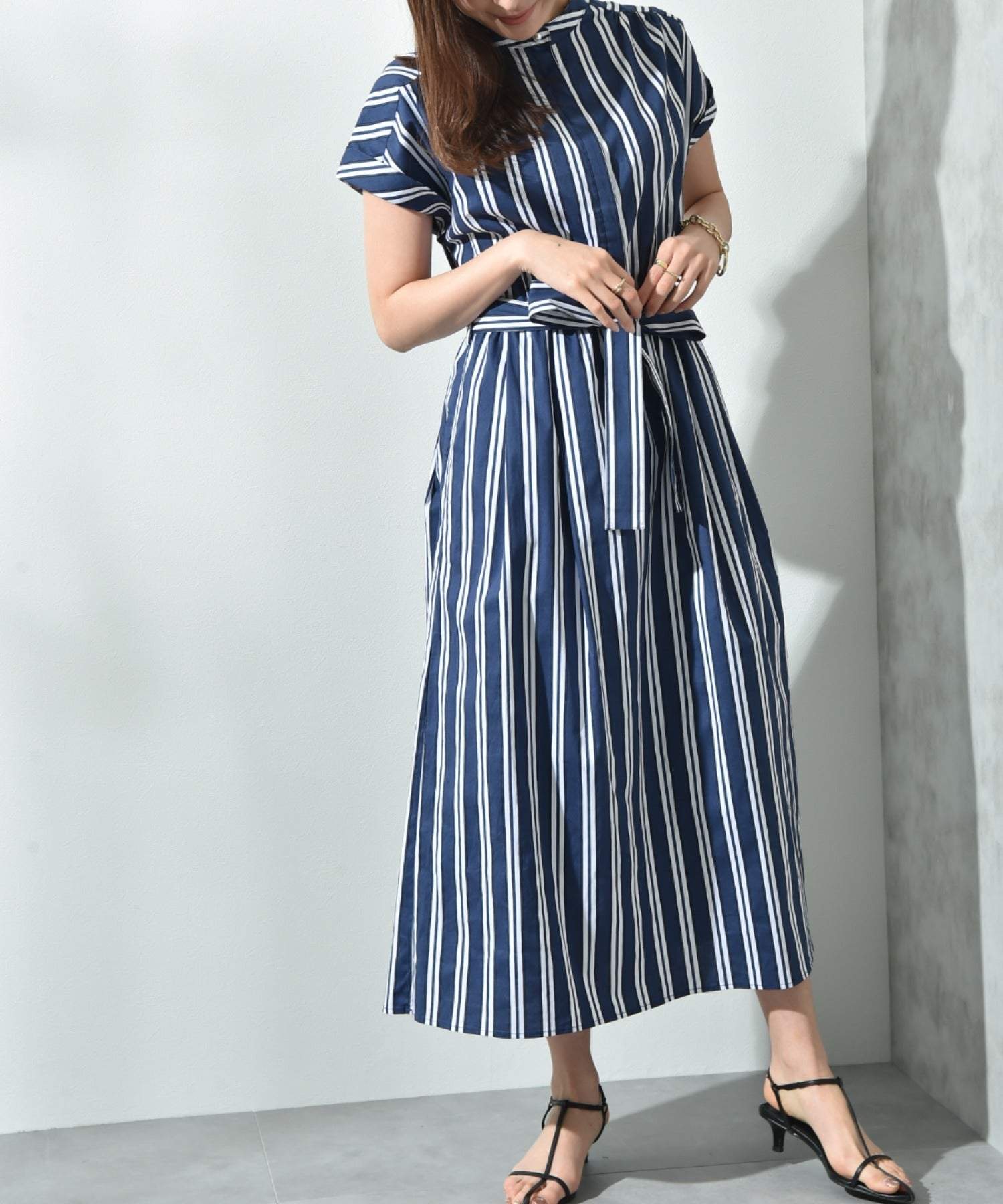 インタープラネット INTERPLANET ストライプ半袖シャツワンピース (ストライプ サックス) ストライプ サックス