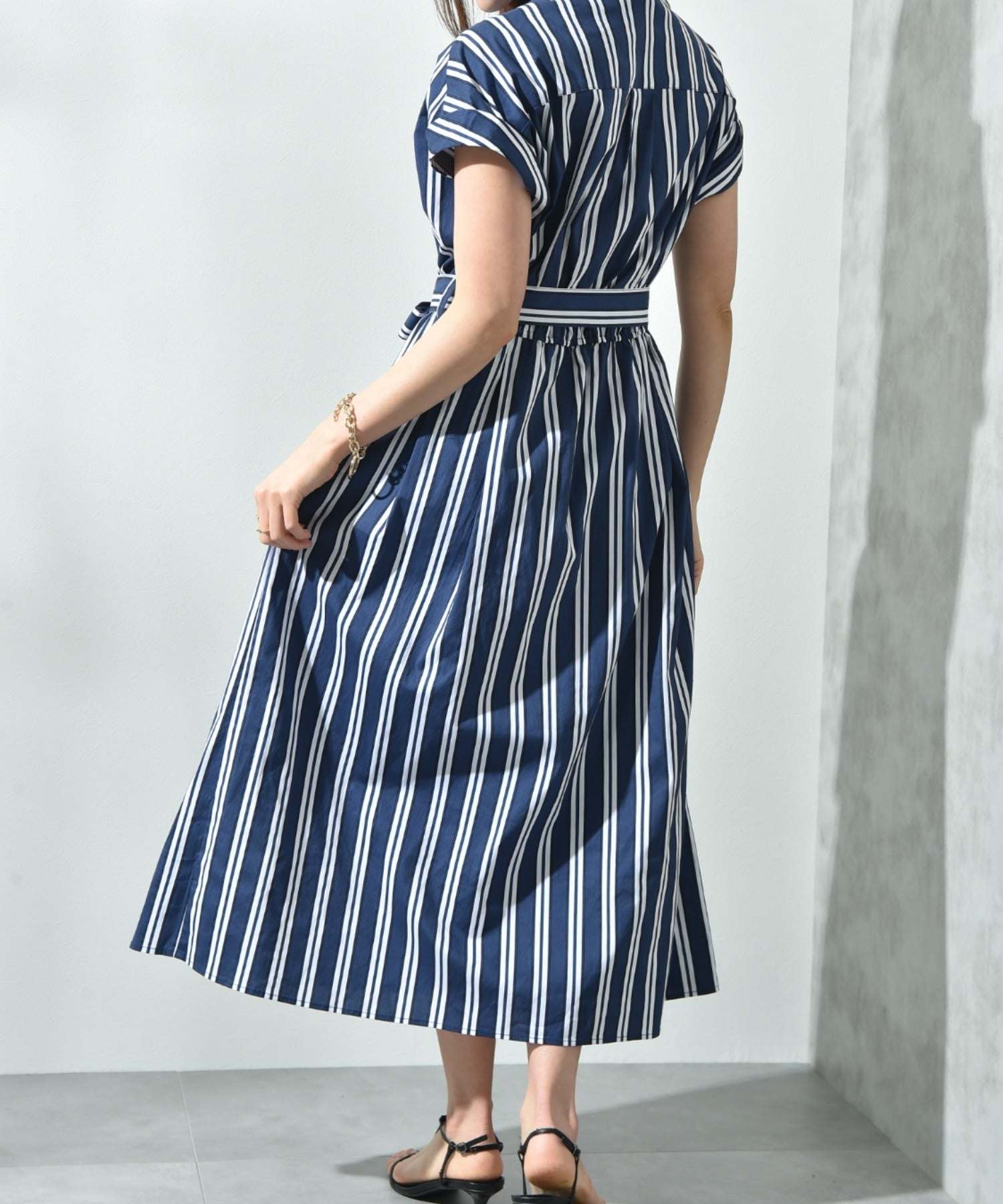 インタープラネット INTERPLANET ストライプ半袖シャツワンピース (ストライプ サックス) ストライプ サックス