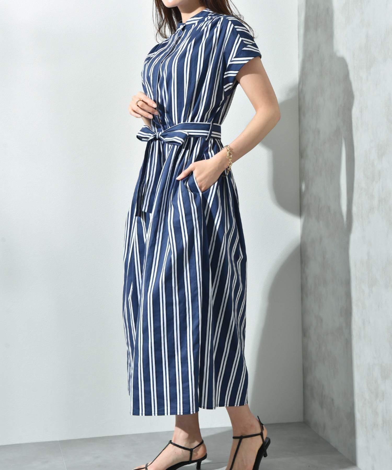 インタープラネット INTERPLANET ストライプ半袖シャツワンピース (ストライプ サックス) ストライプ サックス