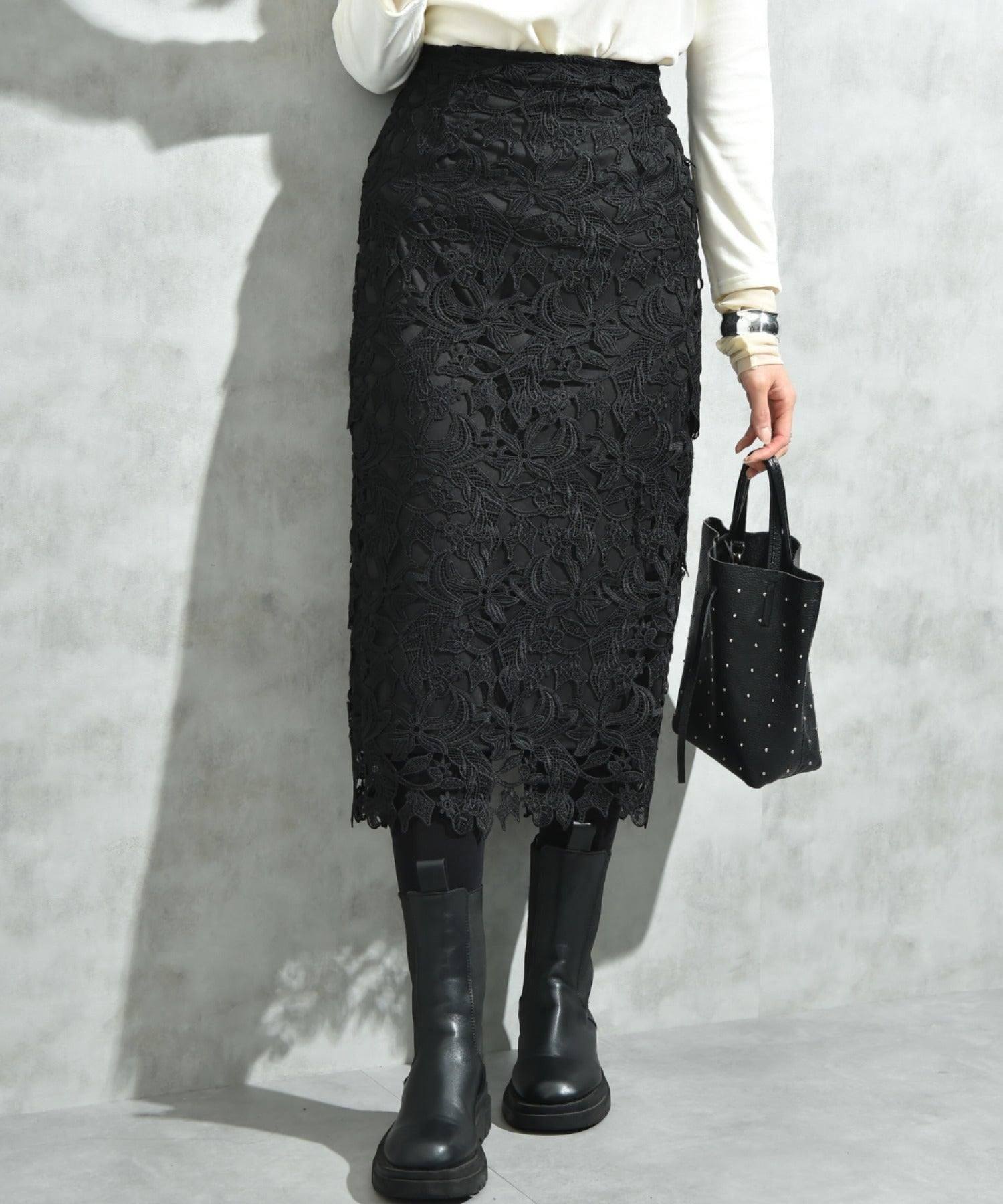 インタープラネット INTERPLANET ケミカルレースBACKファスナータイトスカート (ブラック) ブラック