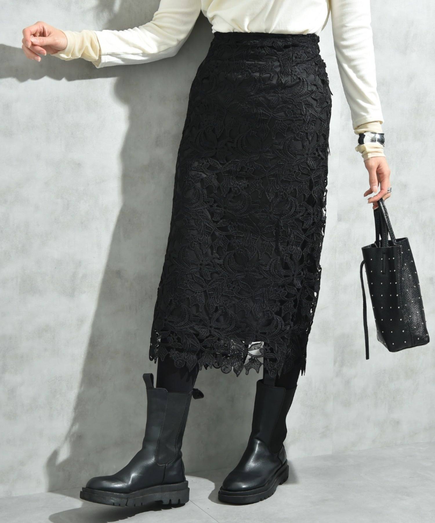 インタープラネット INTERPLANET ケミカルレースBACKファスナータイトスカート (ブラック) ブラック