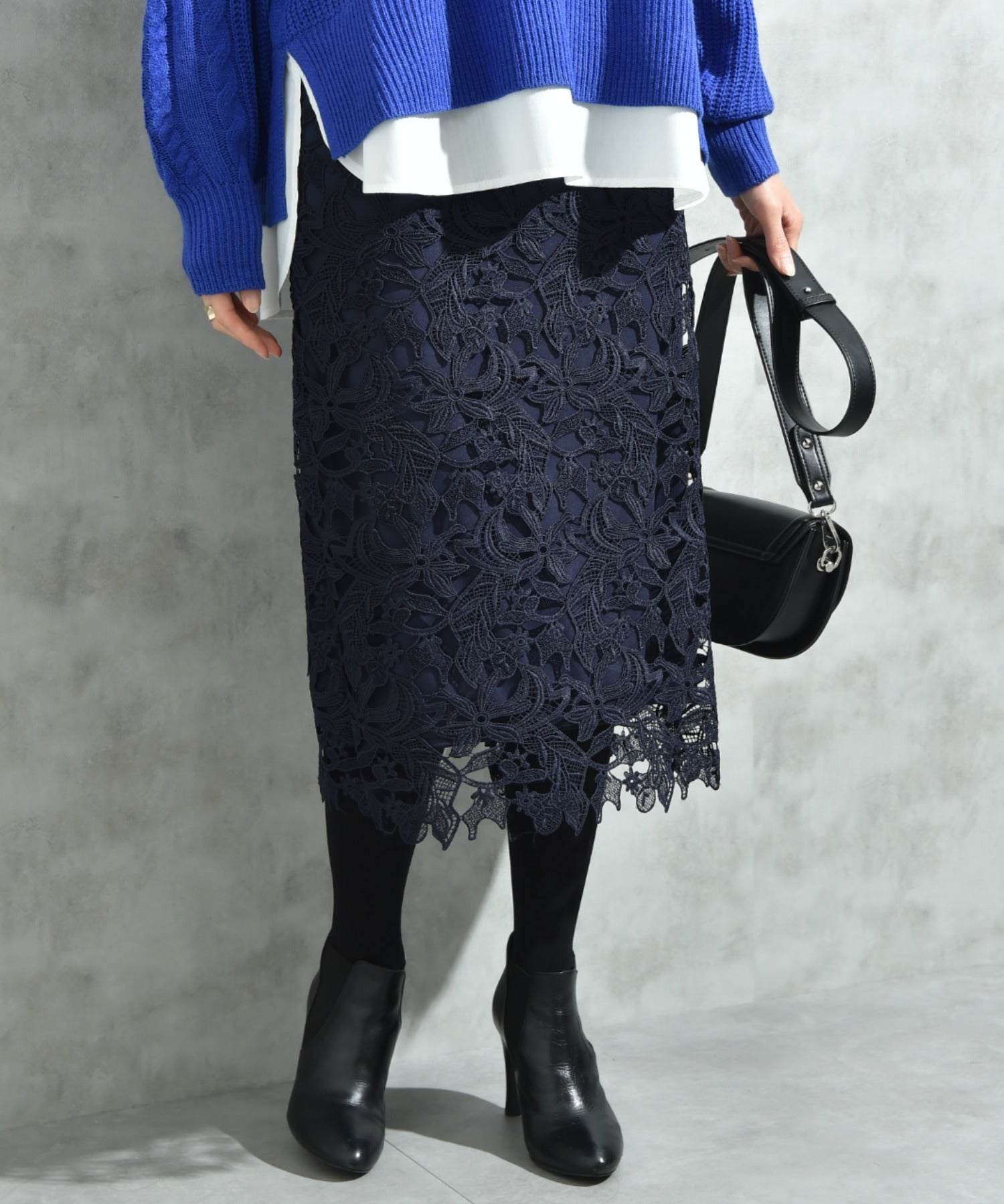 インタープラネット INTERPLANET ケミカルレースBACKファスナータイトスカート (ネイビー) ネイビー