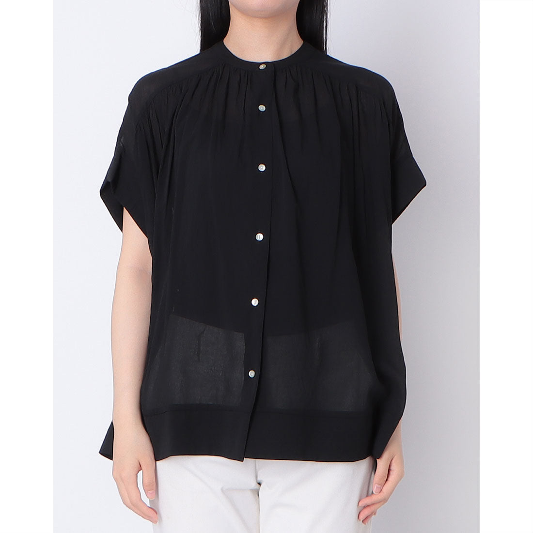 インタープラネット INTERPLANET 麻調シアーニット切替ギャザーブラウス (ブラック) ブラック
