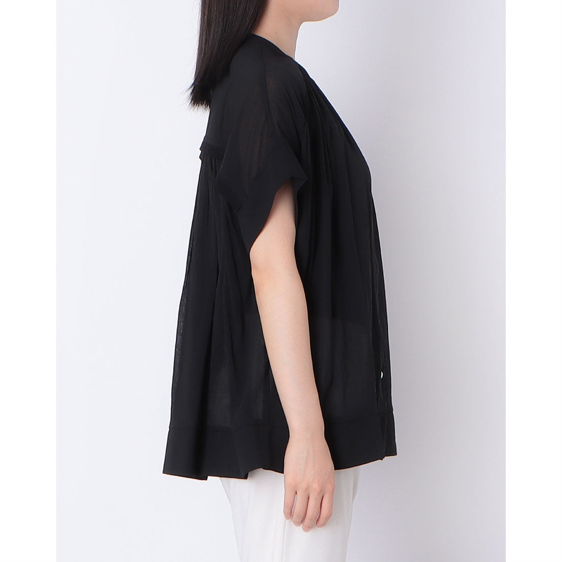 インタープラネット INTERPLANET 麻調シアーニット切替ギャザーブラウス (ブラック) ブラック