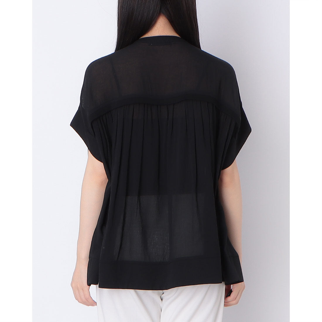 インタープラネット INTERPLANET 麻調シアーニット切替ギャザーブラウス (ブラック) ブラック