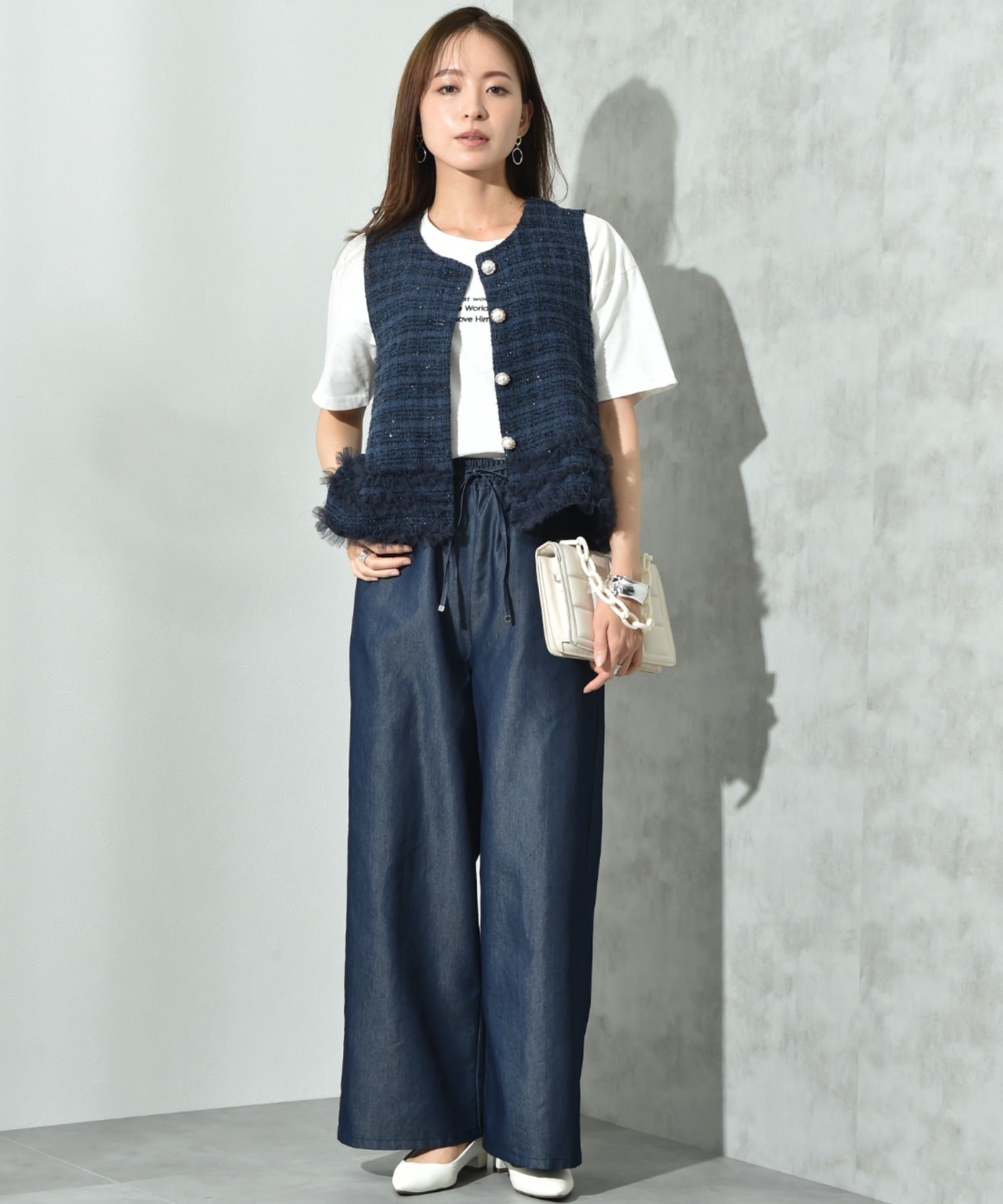 インタープラネット INTERPLANET ライトデニムワイドパンツ (ネイビー) ネイビー