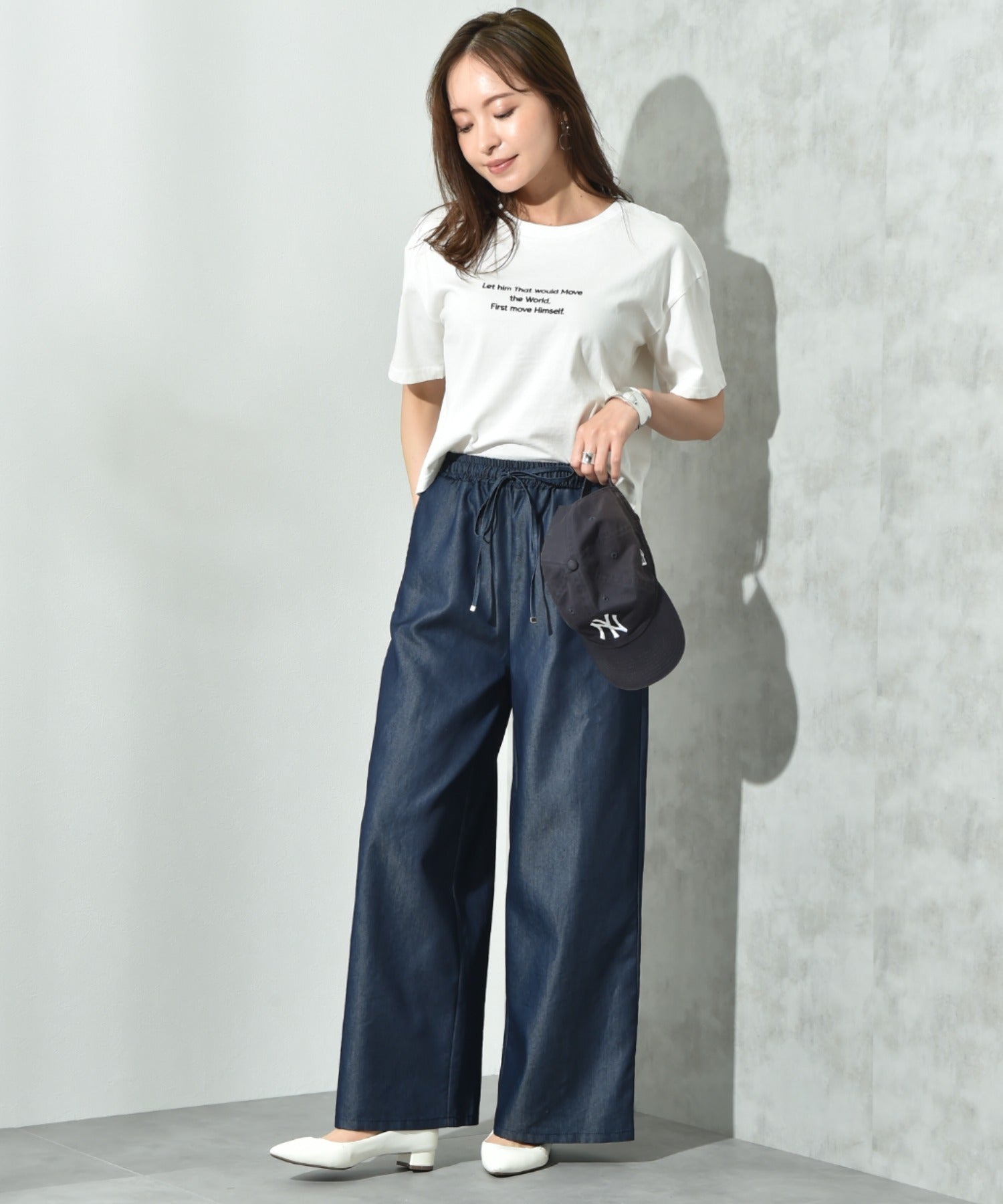 インタープラネット INTERPLANET ライトデニムワイドパンツ (ネイビー) ネイビー