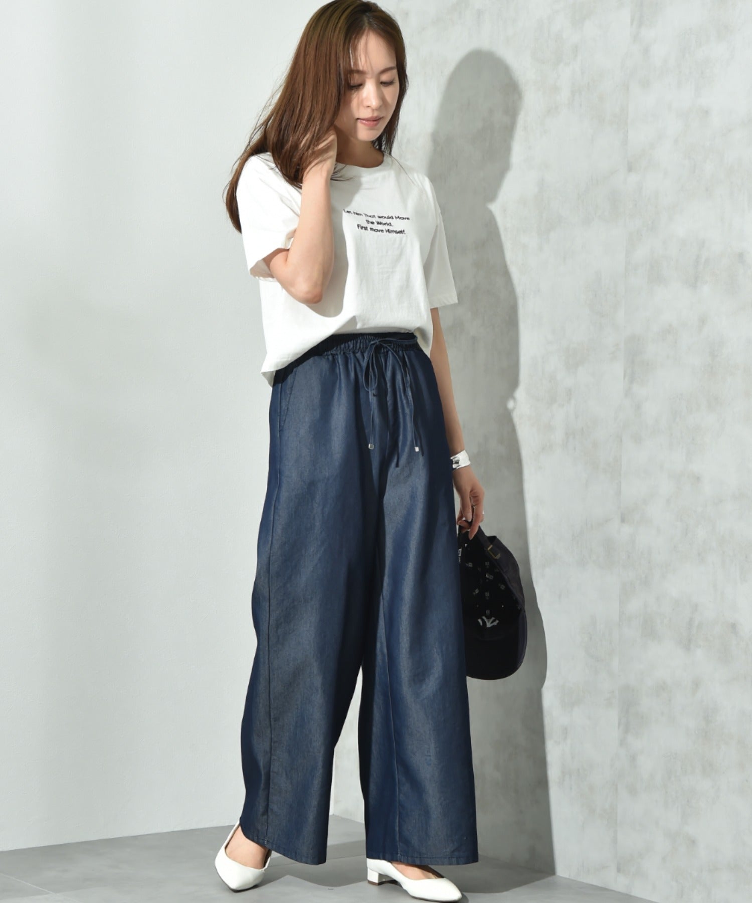 インタープラネット INTERPLANET ライトデニムワイドパンツ (ネイビー) ネイビー