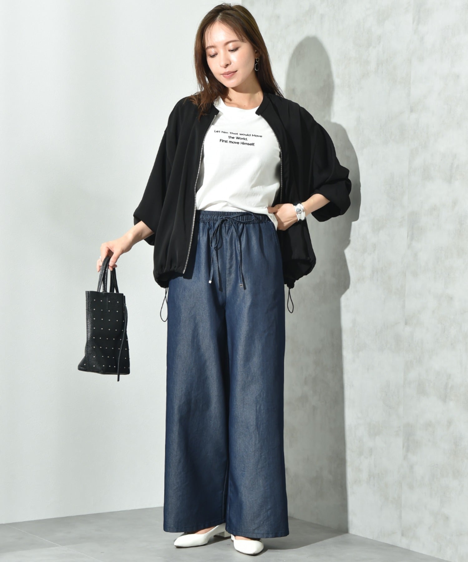 インタープラネット INTERPLANET ライトデニムワイドパンツ (ネイビー) ネイビー