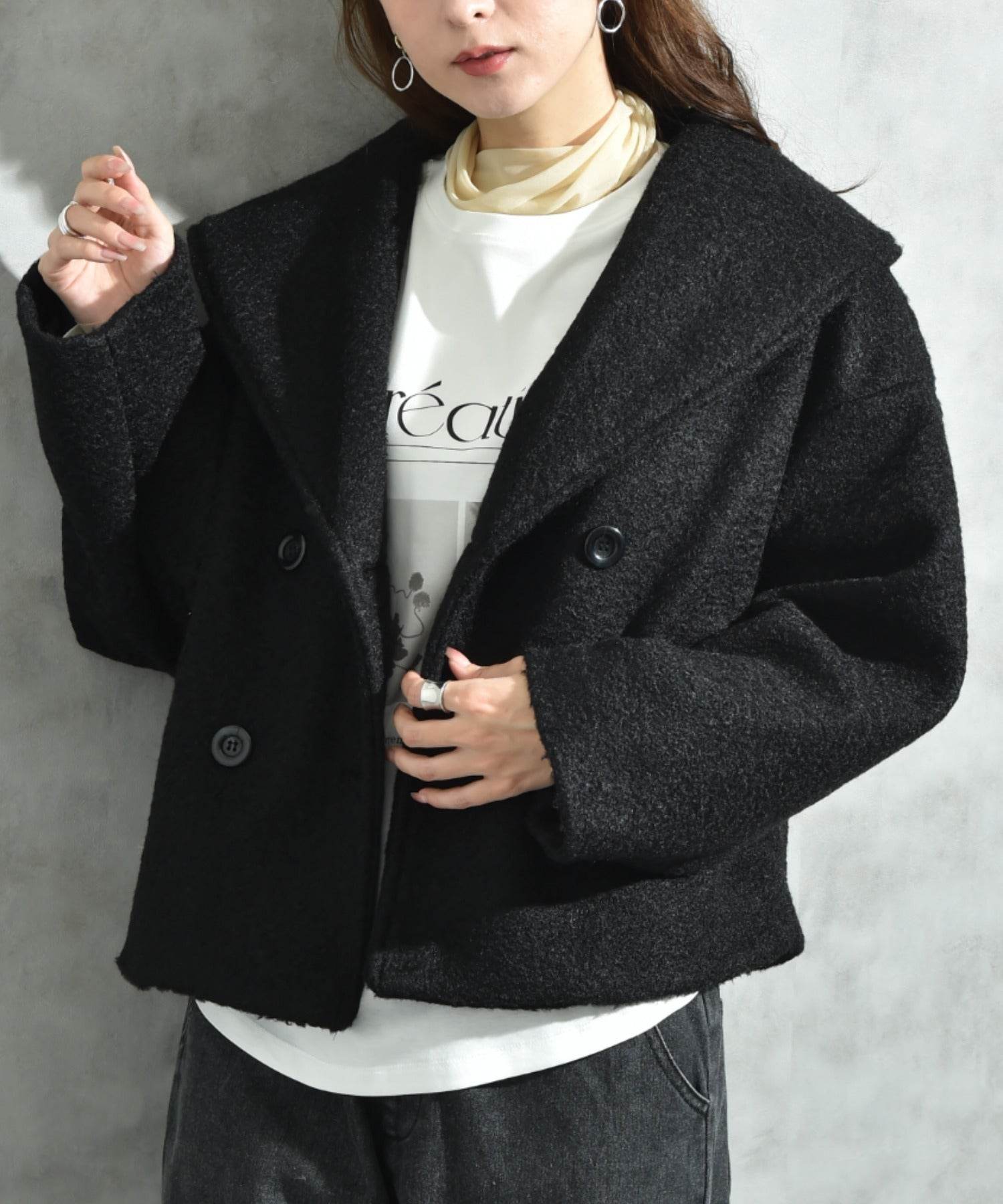 インタープラネット INTERPLANET フェイクウールリングニットショートコート (ブラック) ブラック