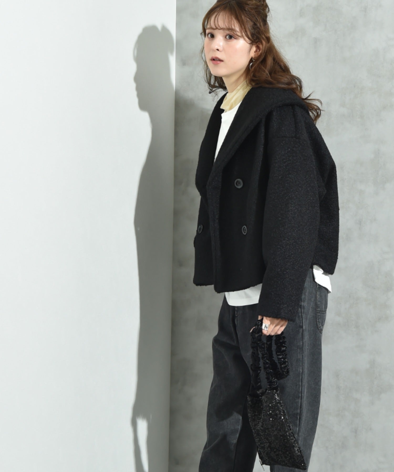 インタープラネット INTERPLANET フェイクウールリングニットショートコート (ブラック) ブラック