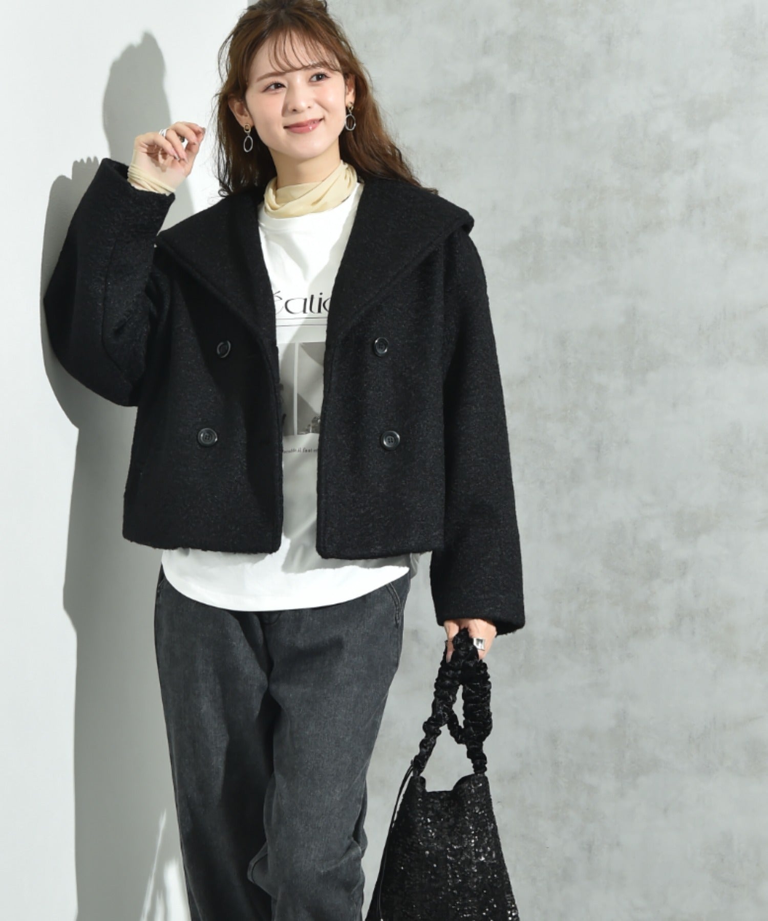 インタープラネット INTERPLANET フェイクウールリングニットショートコート (ブラック) ブラック