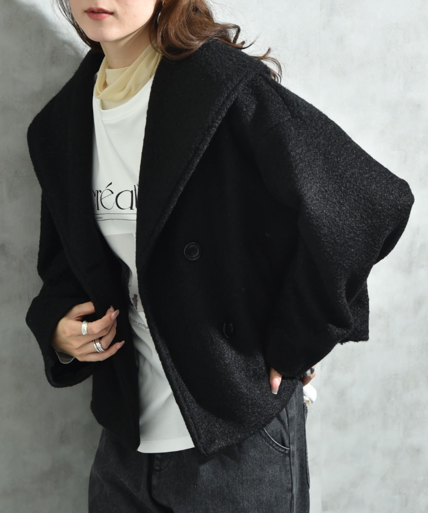 インタープラネット INTERPLANET フェイクウールリングニットショートコート (ブラック) ブラック