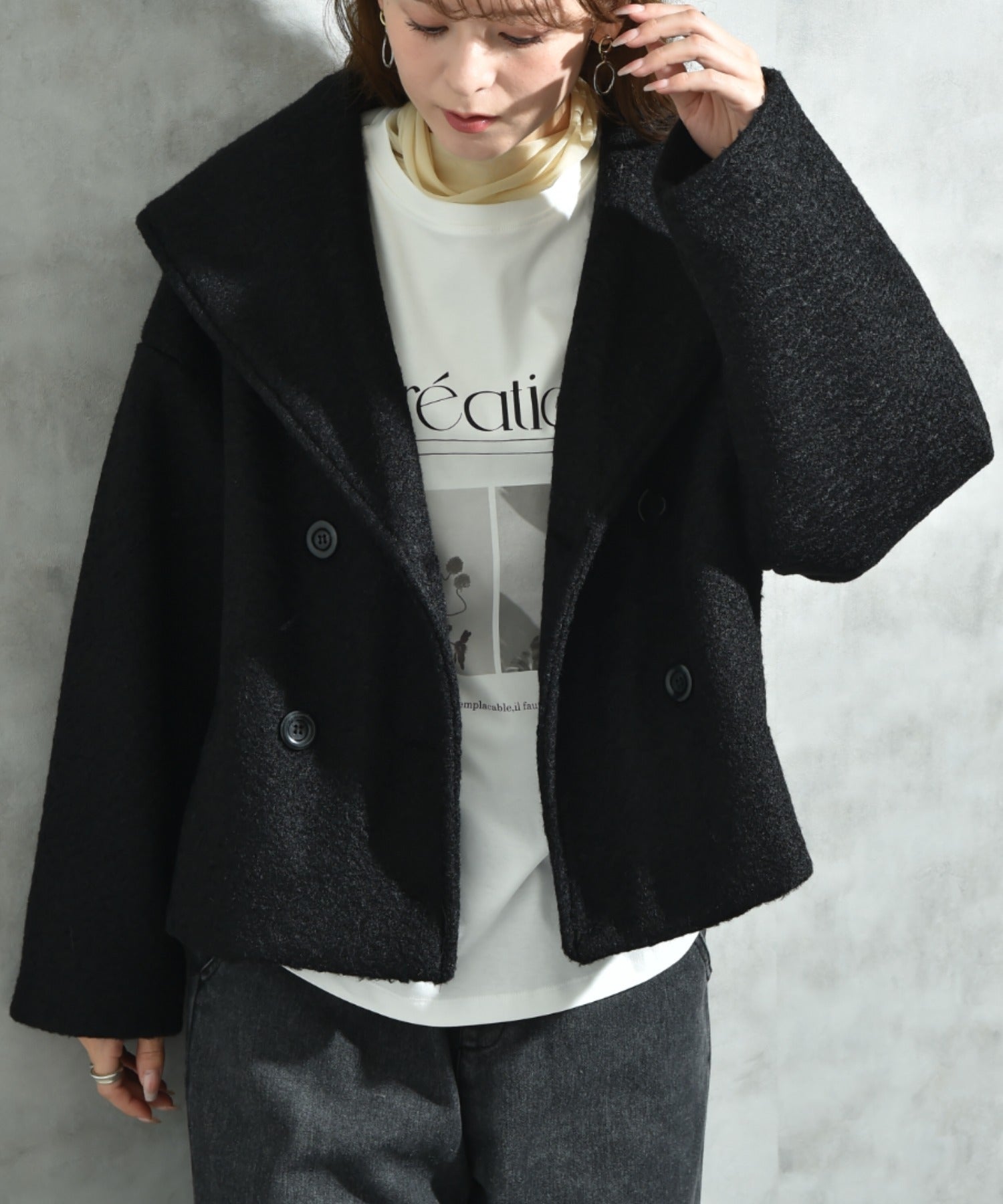 インタープラネット INTERPLANET フェイクウールリングニットショートコート (ブラック) ブラック