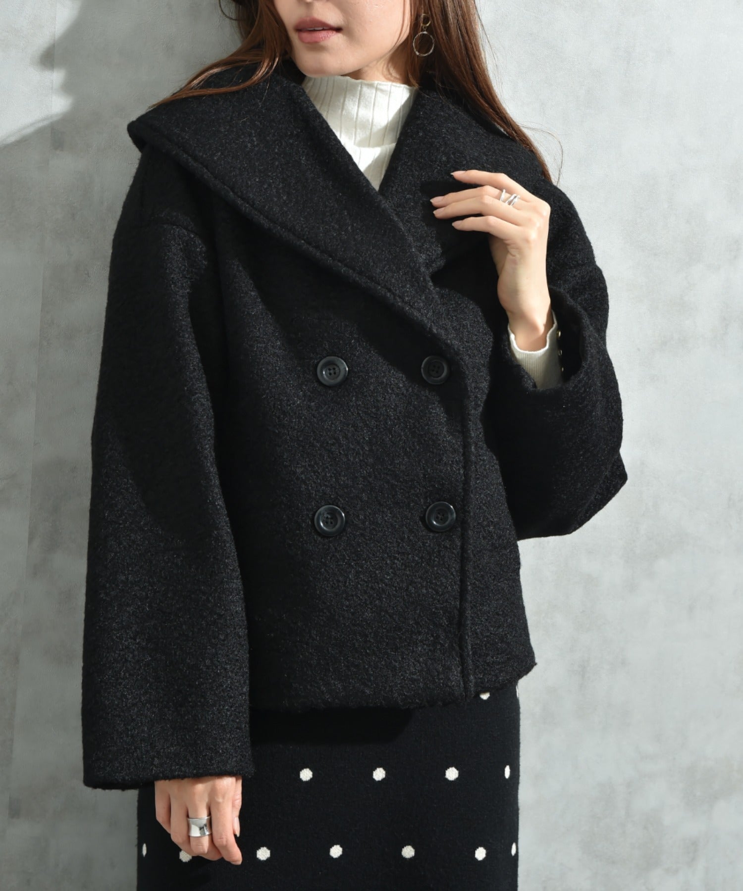 インタープラネット INTERPLANET フェイクウールリングニットショートコート (ブラック) ブラック