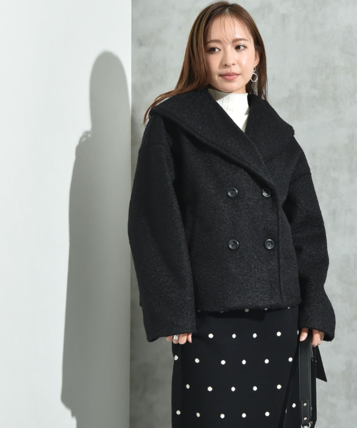 インタープラネット INTERPLANET フェイクウールリングニットショートコート (ブラック) ブラック