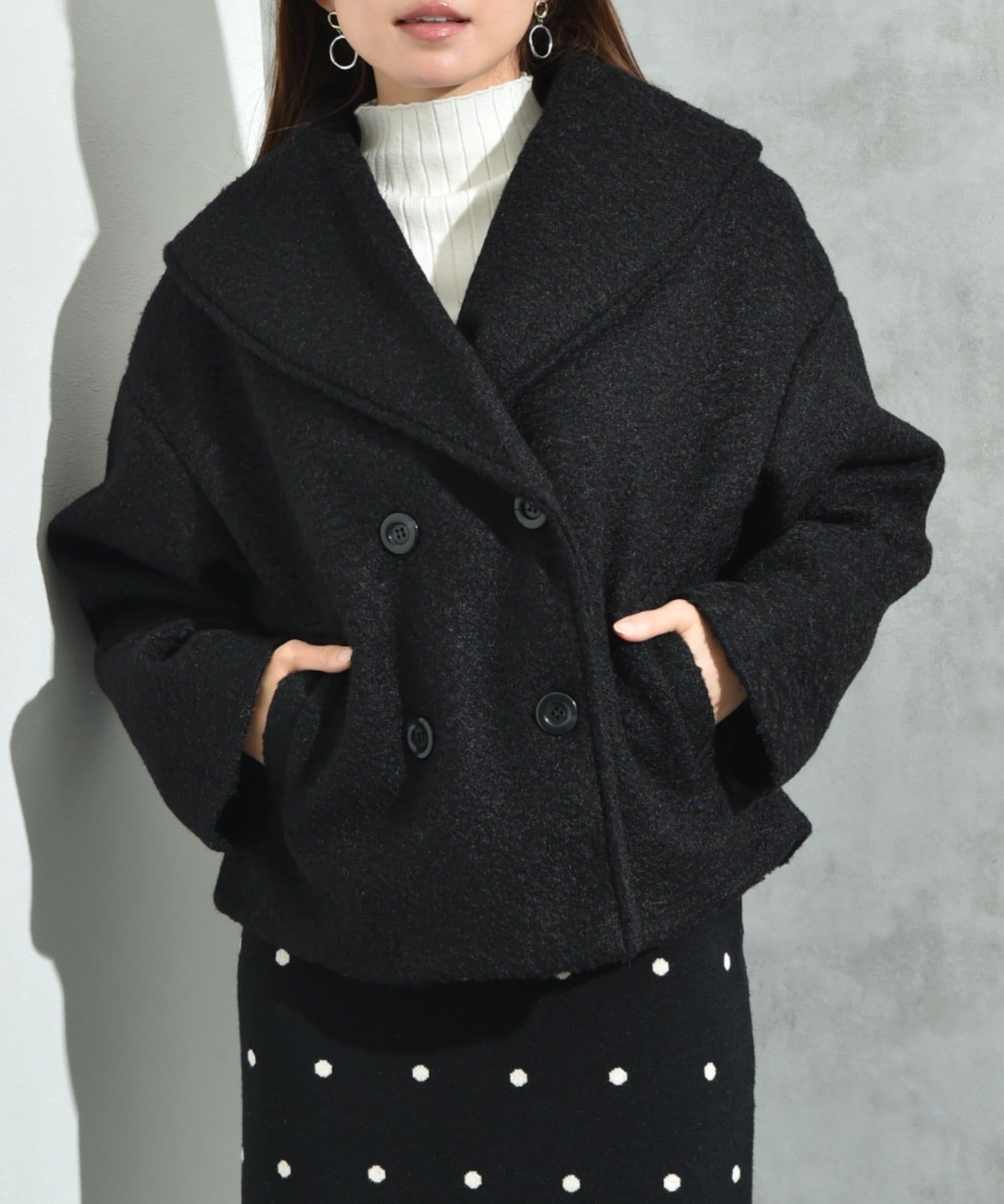 インタープラネット INTERPLANET フェイクウールリングニットショートコート (ブラック) ブラック