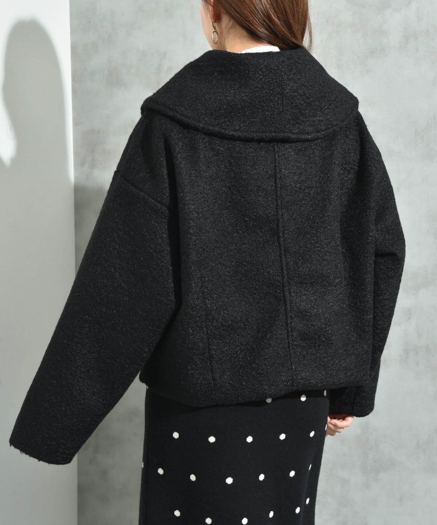 インタープラネット INTERPLANET フェイクウールリングニットショートコート (ブラック) ブラック