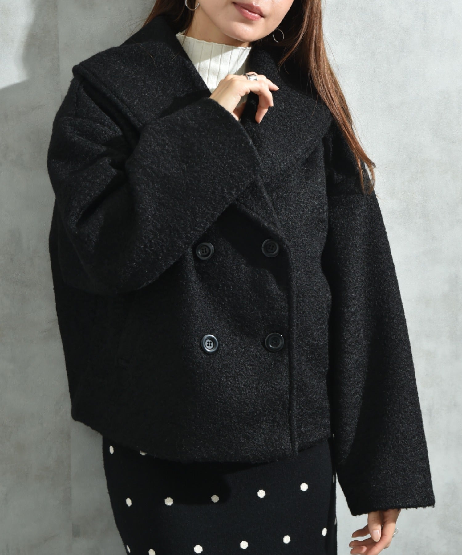 インタープラネット INTERPLANET フェイクウールリングニットショートコート (ブラック) ブラック