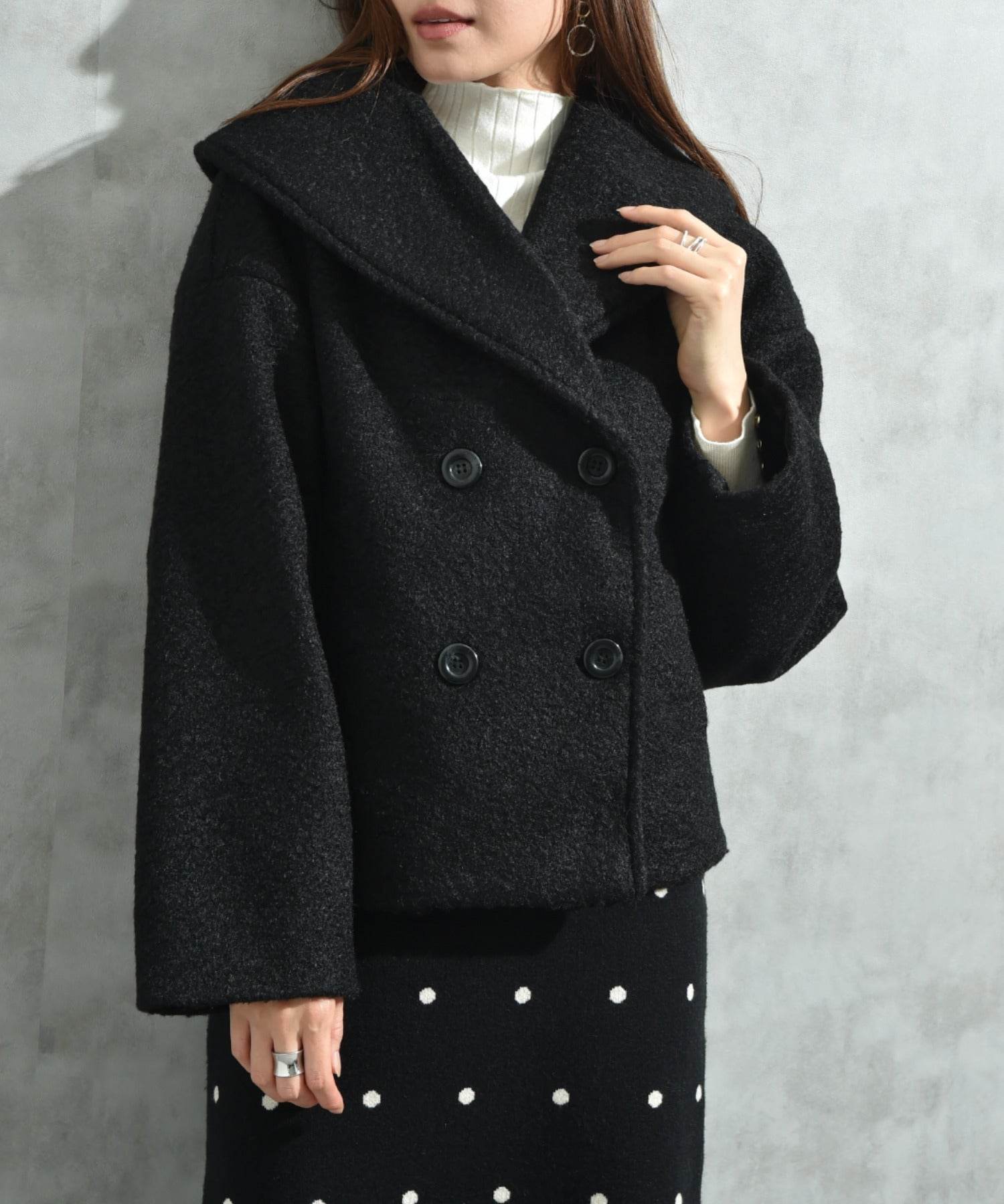 インタープラネット INTERPLANET フェイクウールリングニットショートコート (ブラック) ブラック