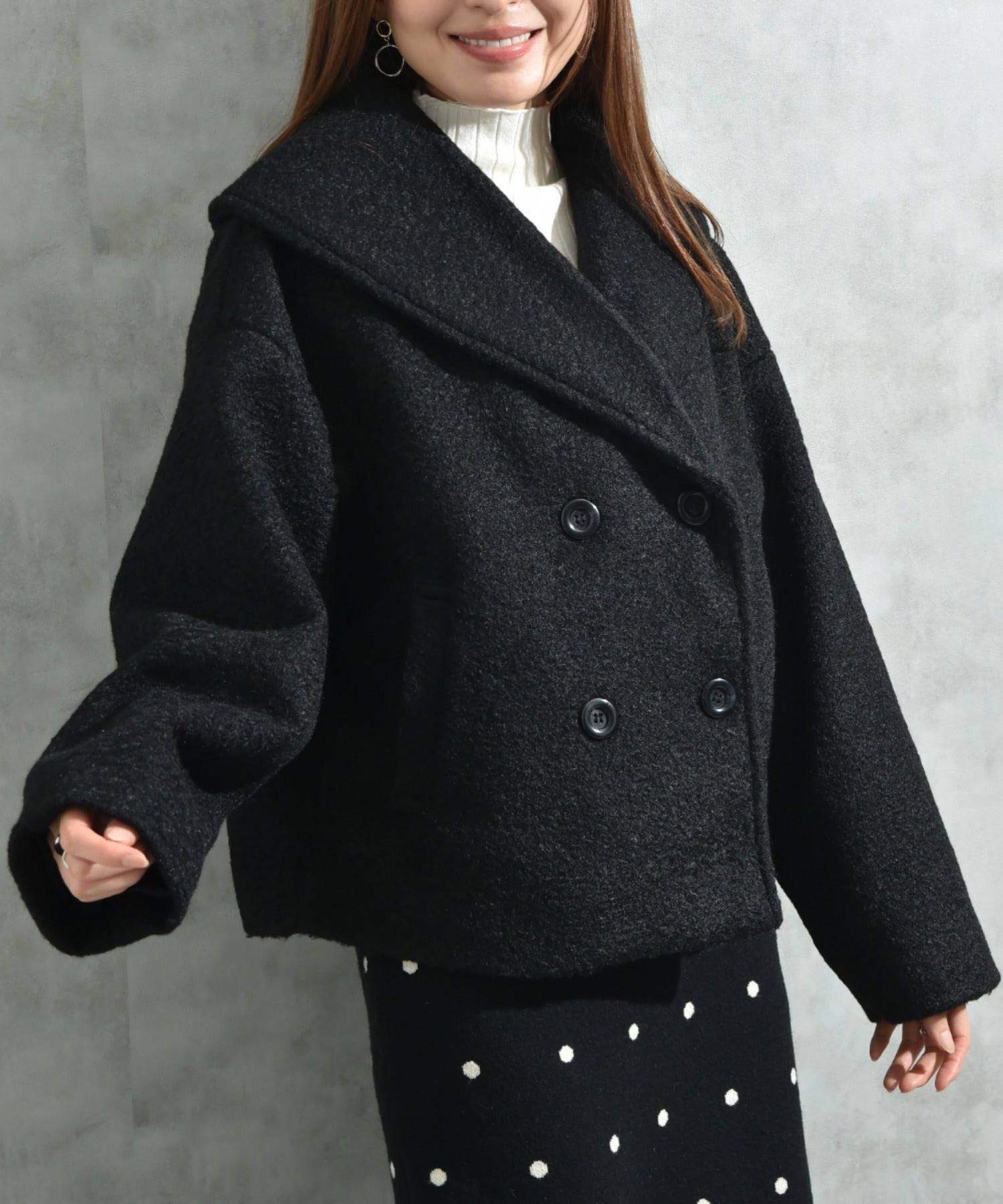 インタープラネット INTERPLANET フェイクウールリングニットショートコート (ブラック) ブラック