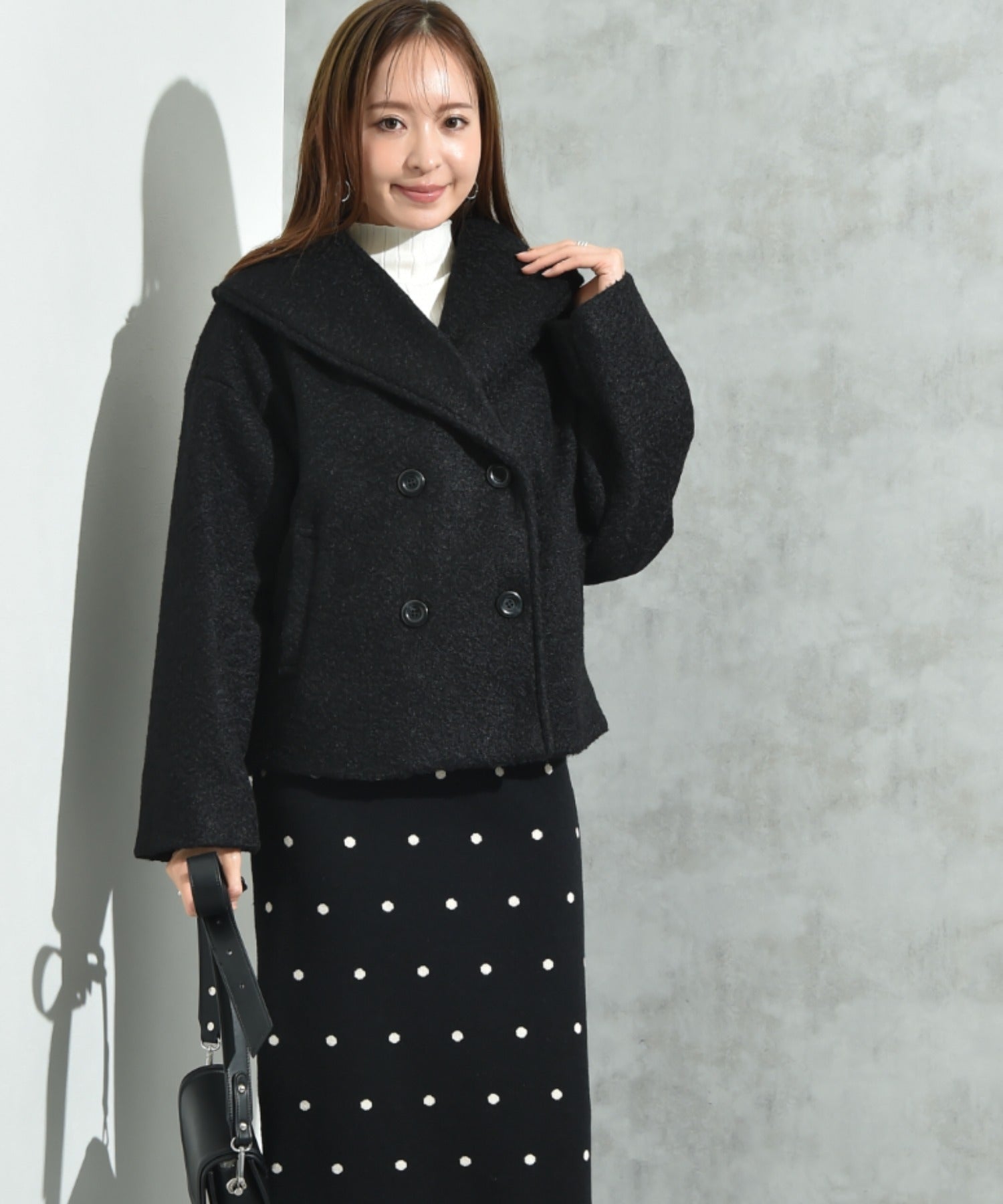 インタープラネット INTERPLANET フェイクウールリングニットショートコート (ブラック) ブラック