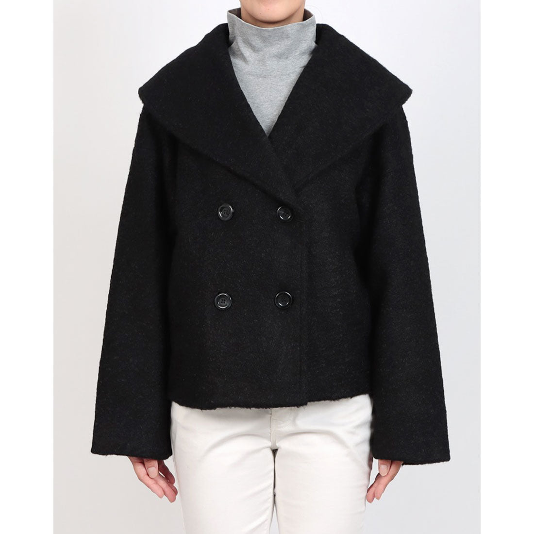 インタープラネット INTERPLANET フェイクウールリングニットショートコート (ブラック) ブラック