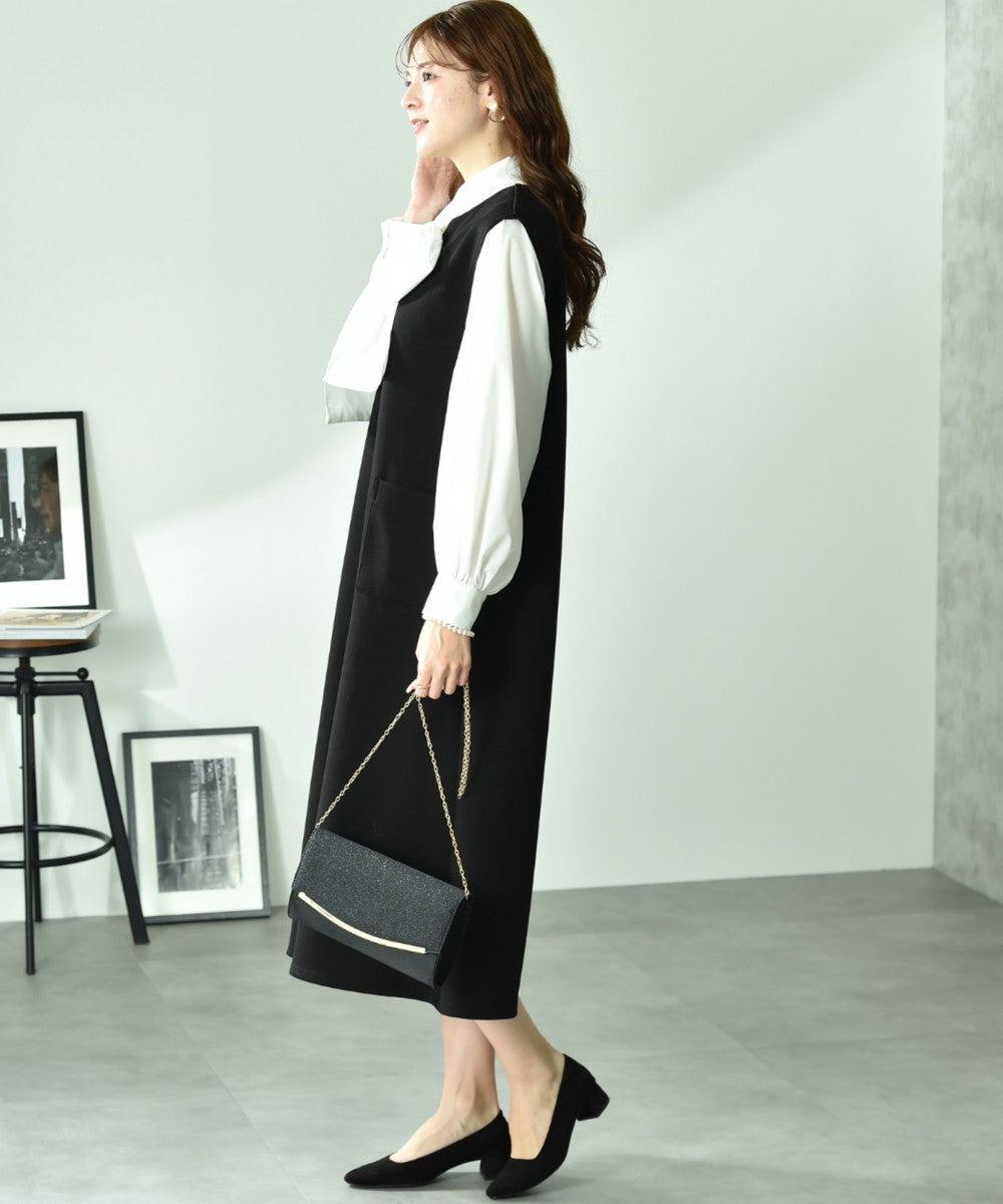 インタープラネット INTERPLANET ダンボールニットフレンチスリーブ深Vワンピース (ブラック) ブラック