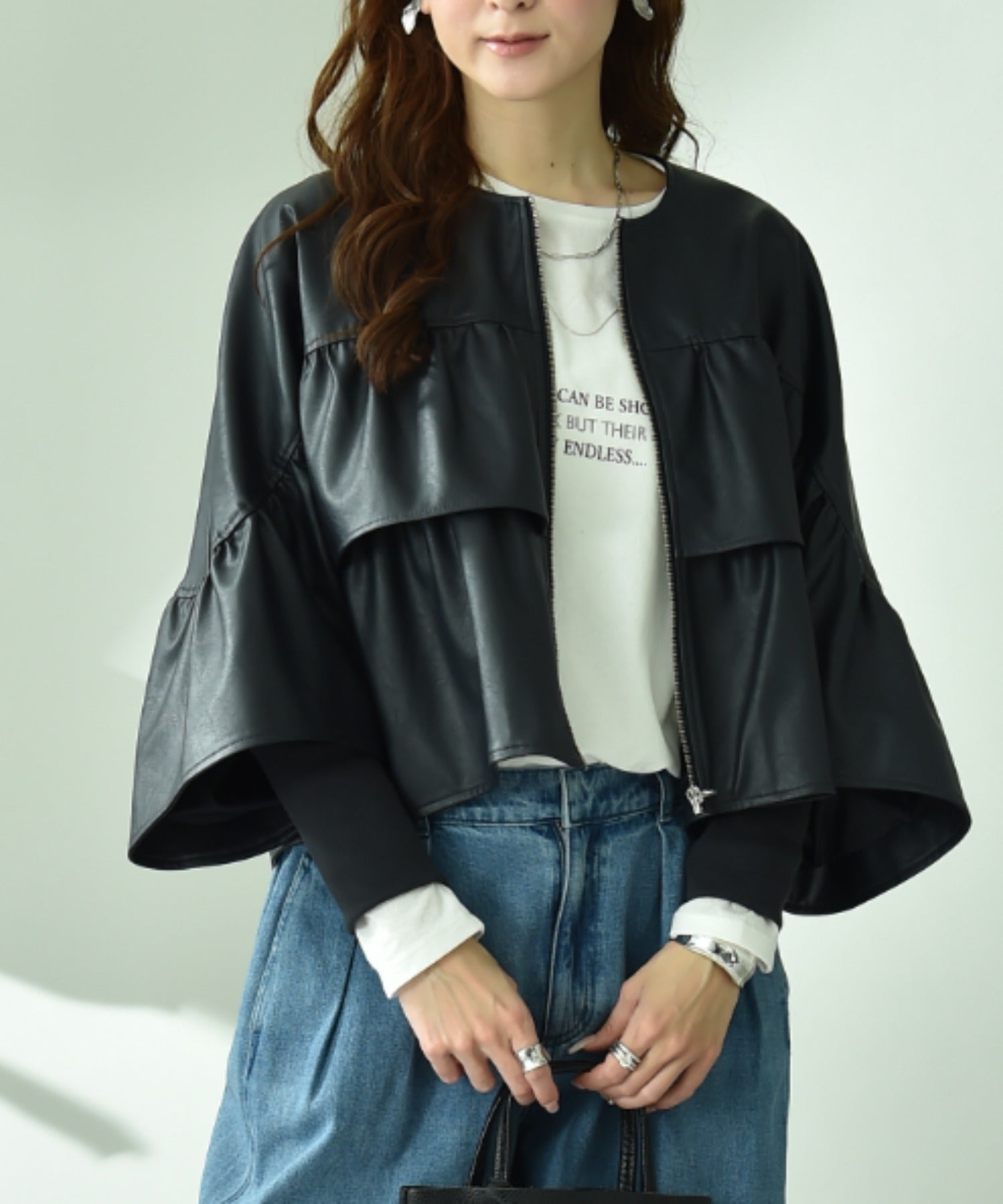 インタープラネット INTERPLANET フェクレザーノーカラーティアードジャケット (ネイビー) ネイビー