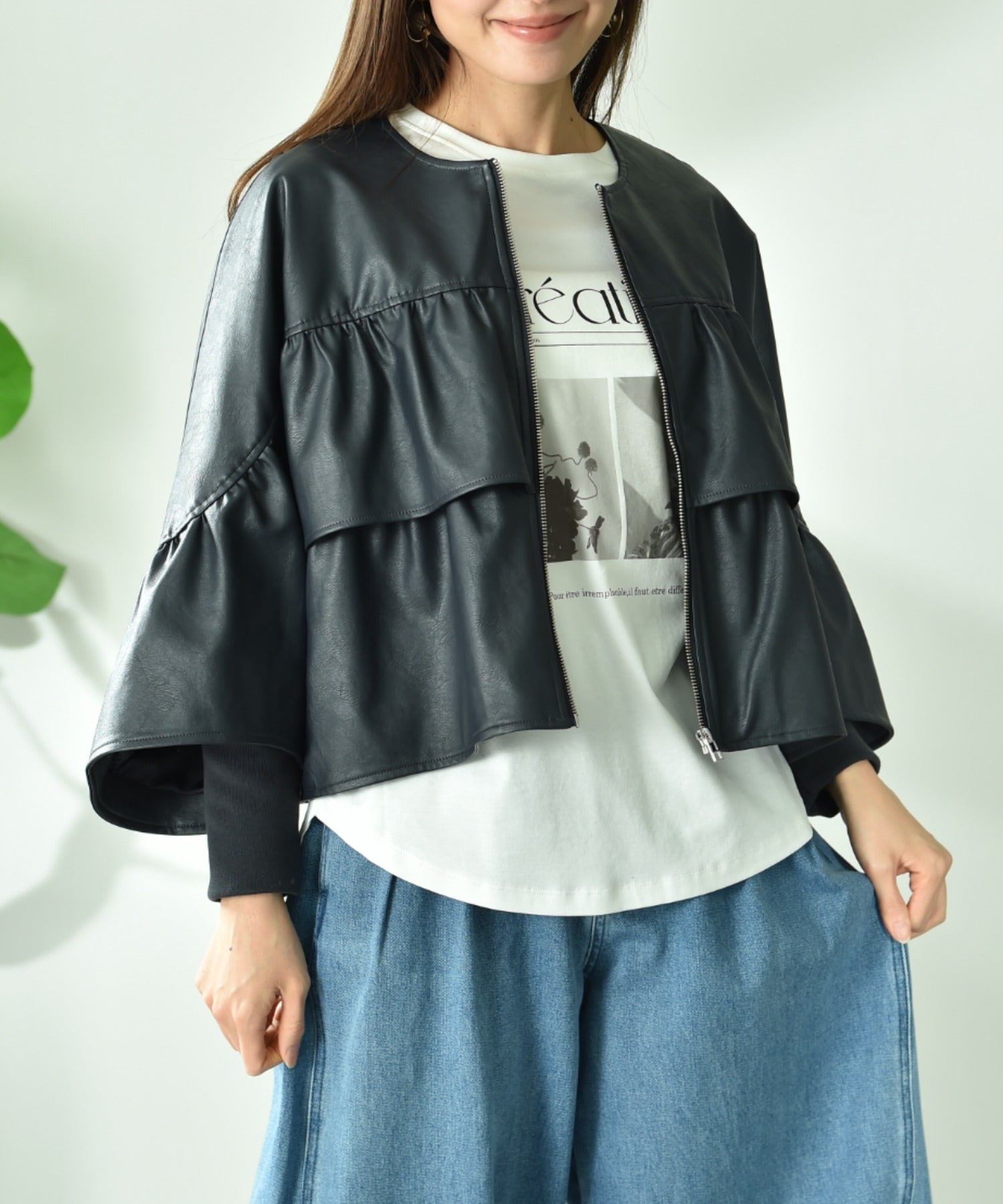 インタープラネット INTERPLANET フェクレザーノーカラーティアードジャケット (ネイビー) ネイビー