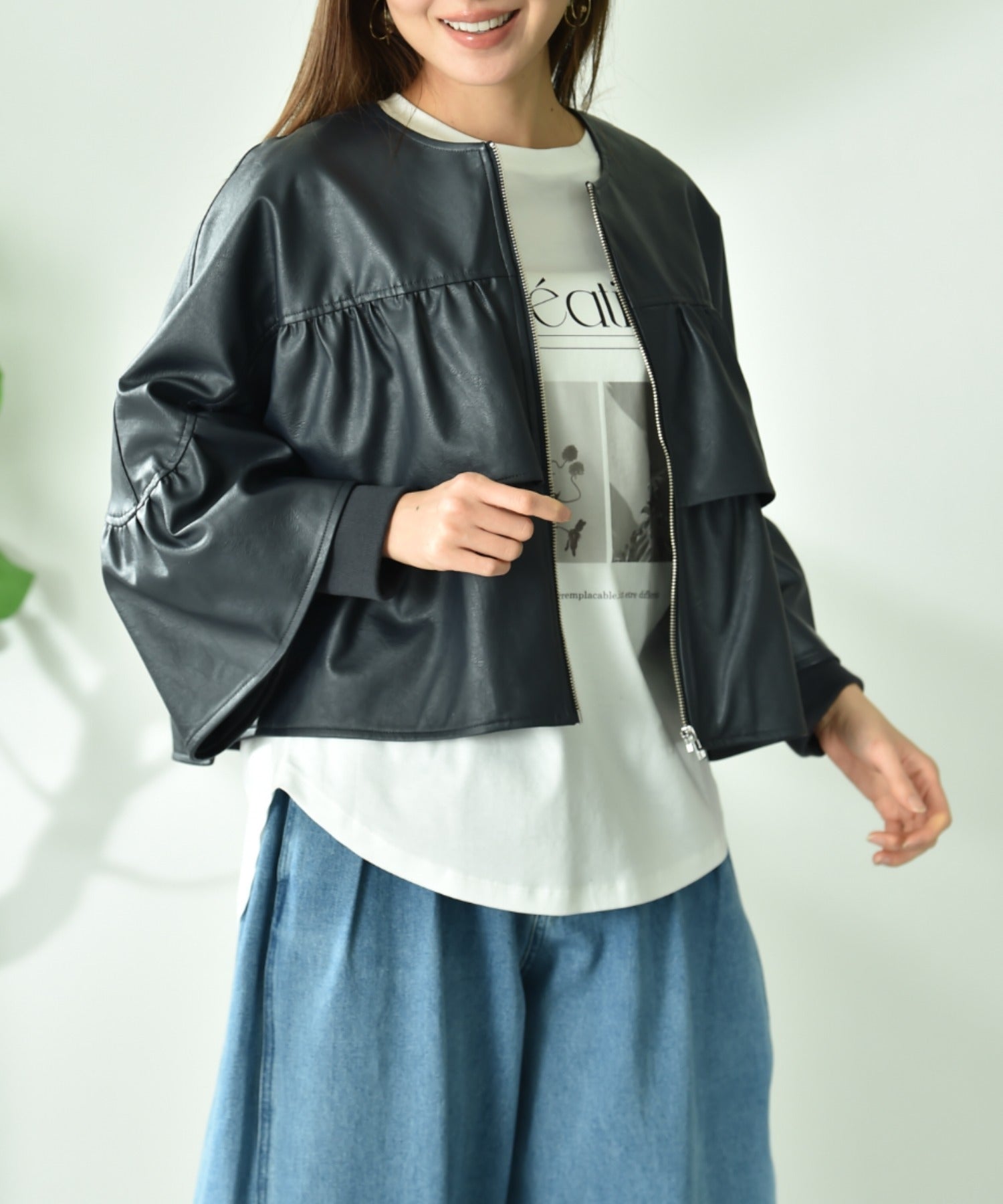 インタープラネット INTERPLANET フェクレザーノーカラーティアードジャケット (ネイビー) ネイビー