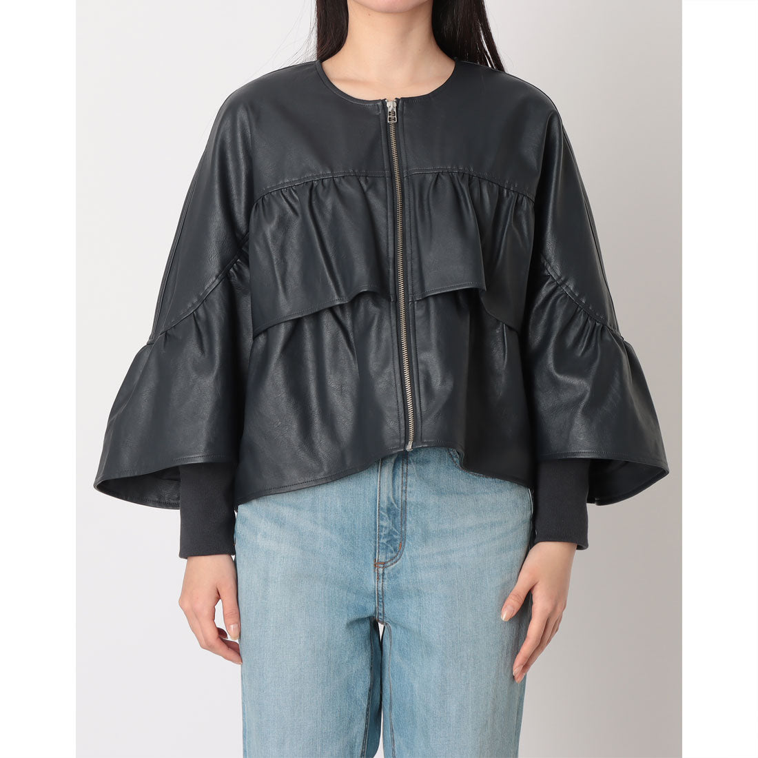 インタープラネット INTERPLANET フェクレザーノーカラーティアードジャケット (ネイビー) ネイビー