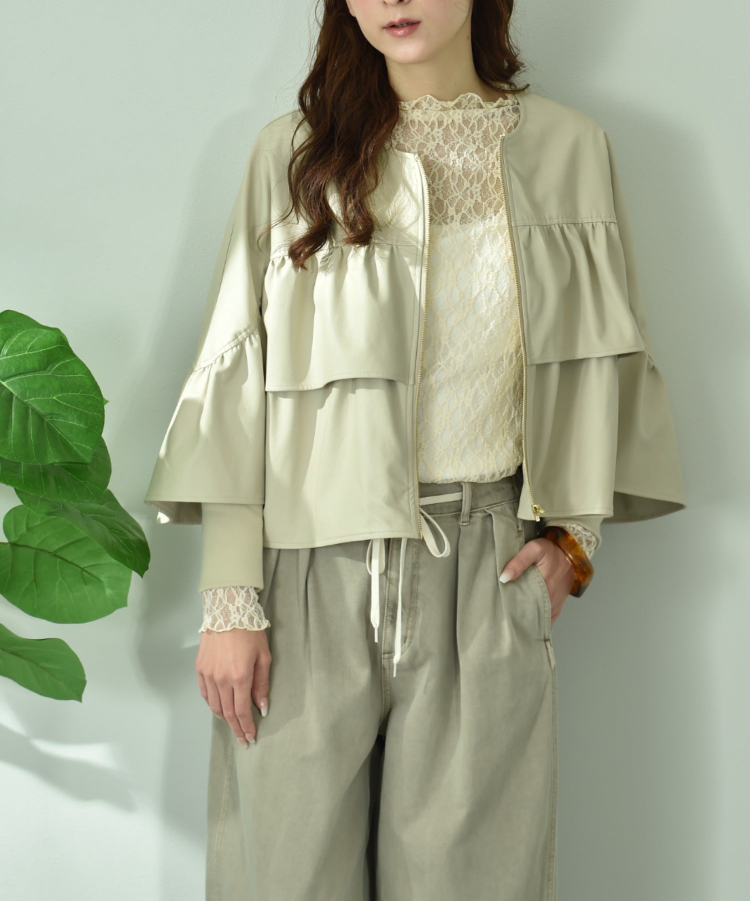 インタープラネット INTERPLANET フェクレザーノーカラーティアードジャケット (ネイビー) ネイビー