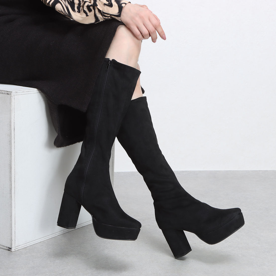 イタリコ ITALICO 厚底 チャンキーヒール ストレッチ ロングブーツ (ブラックスムース) ブラックスムース