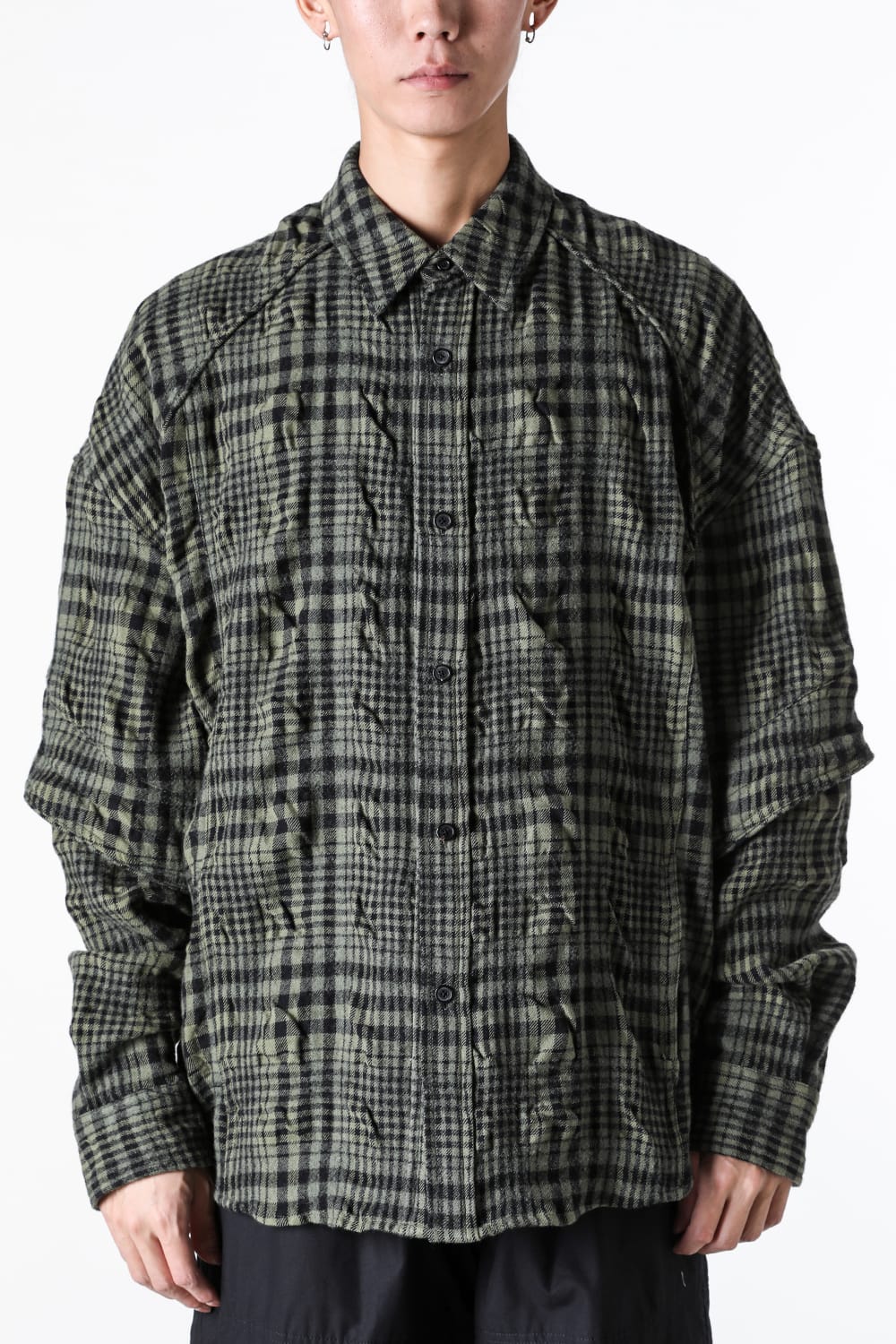 ジュン ジー Juun.J Dual Sleeve Crinkled Check Shirts (Khaki) Khaki