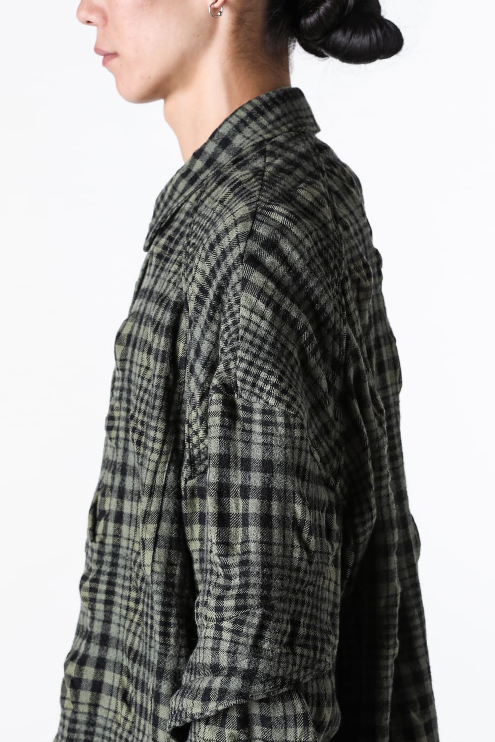 ジュン ジー Juun.J Dual Sleeve Crinkled Check Shirts (Khaki) Khaki