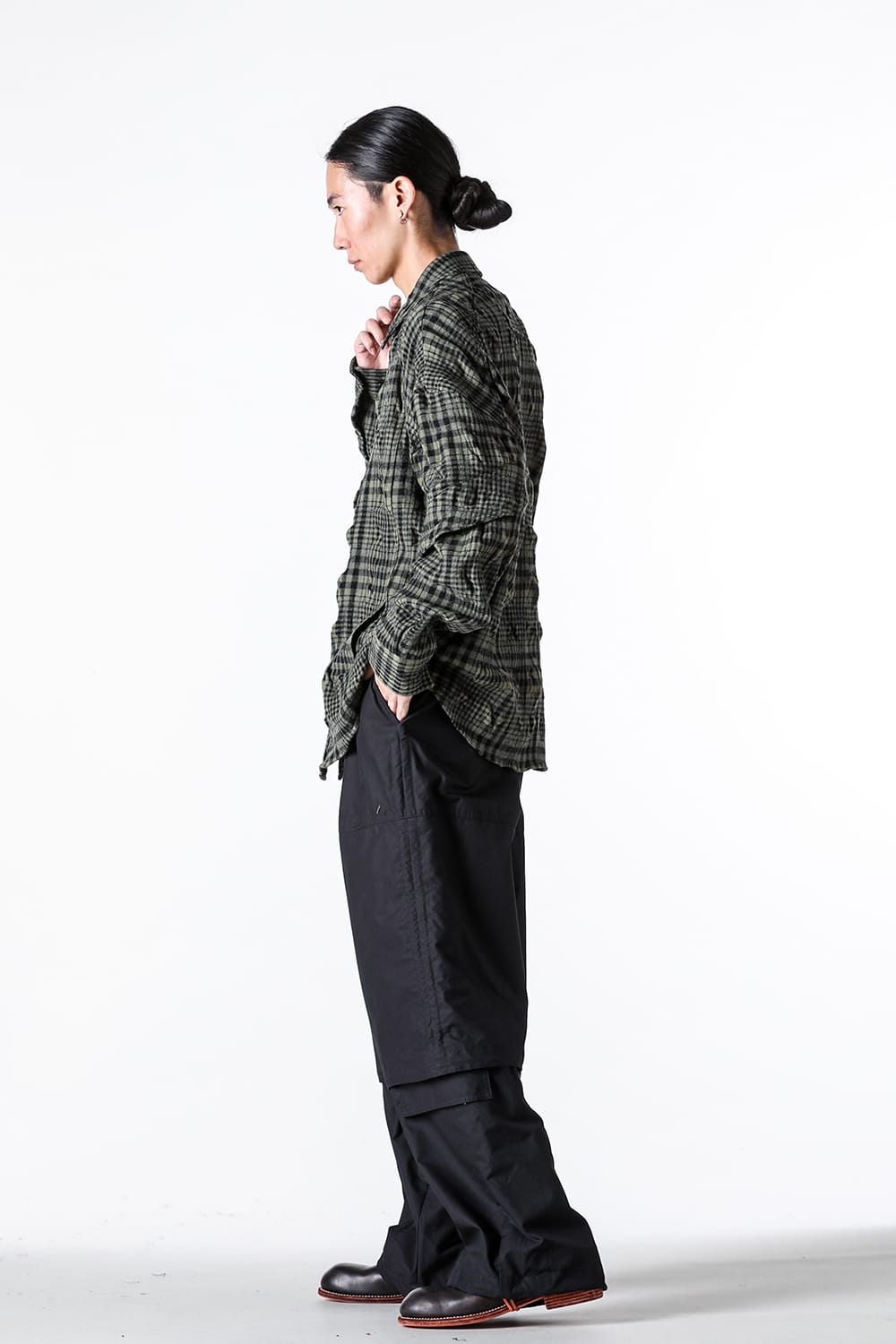 ジュン ジー Juun.J Dual Sleeve Crinkled Check Shirts (Khaki) Khaki