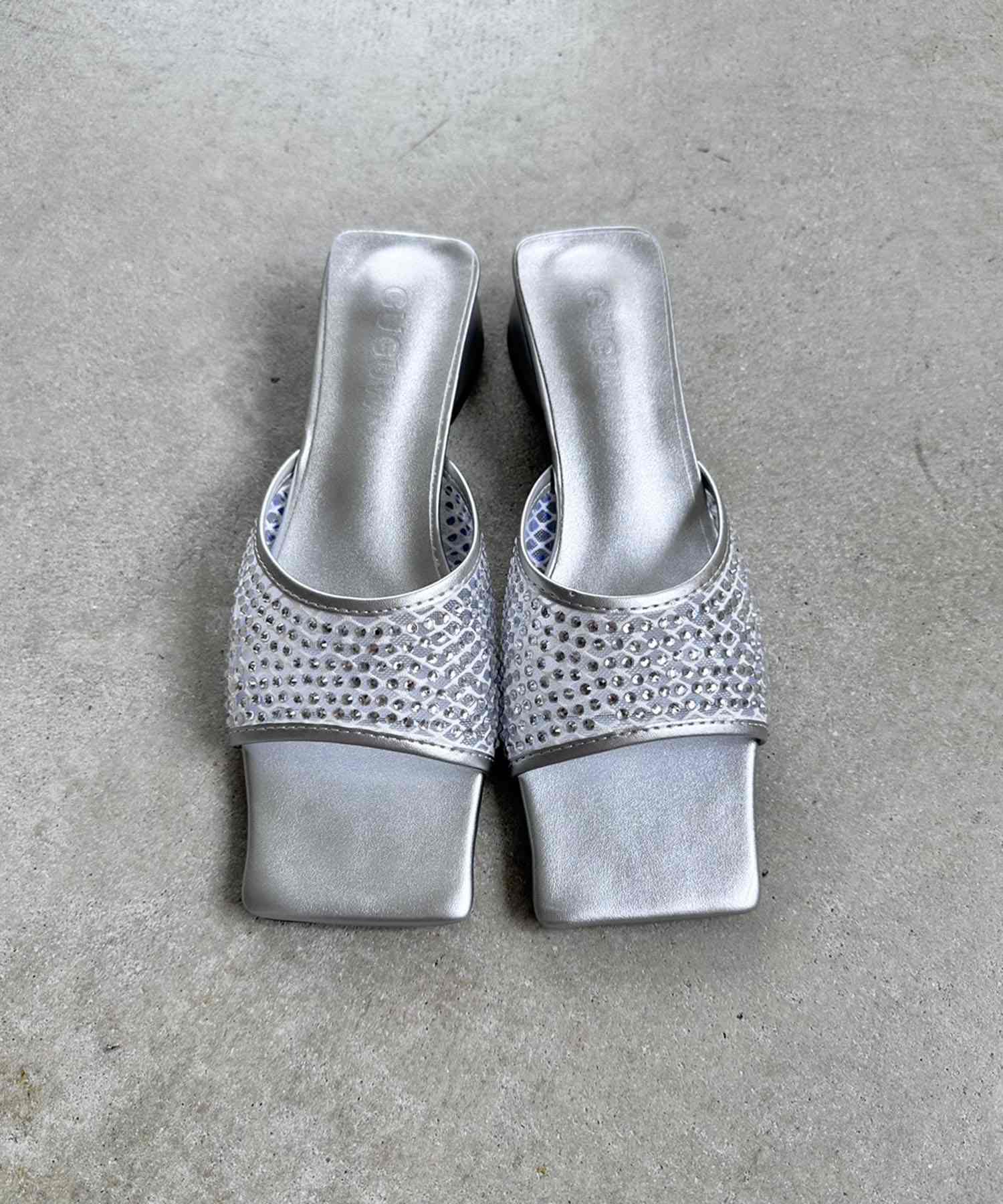 ジュエローブ Jewelobe ラインストーンスクエアトゥミュールサンダル (シルバー) シルバー