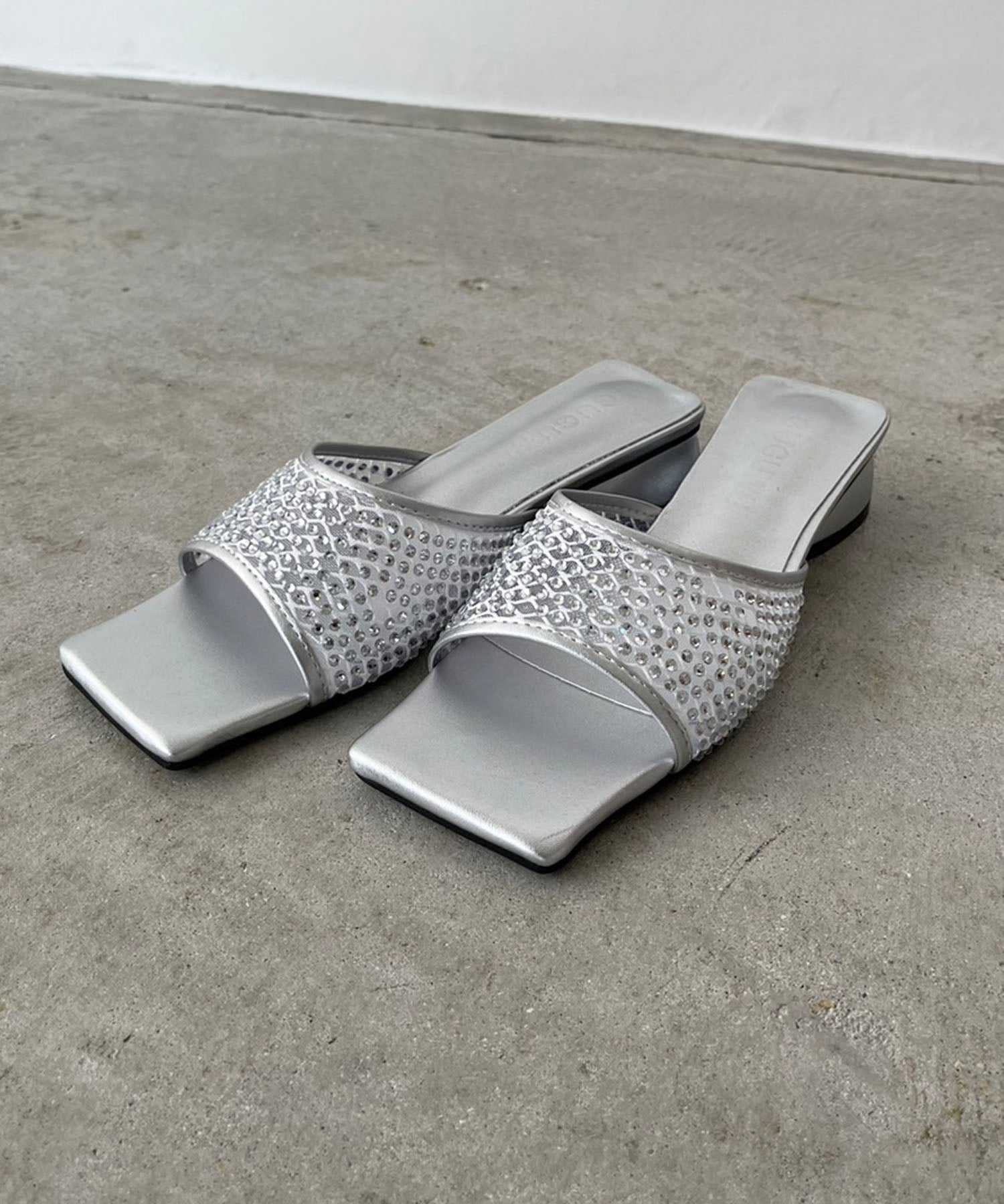 ジュエローブ Jewelobe ラインストーンスクエアトゥミュールサンダル (シルバー) シルバー