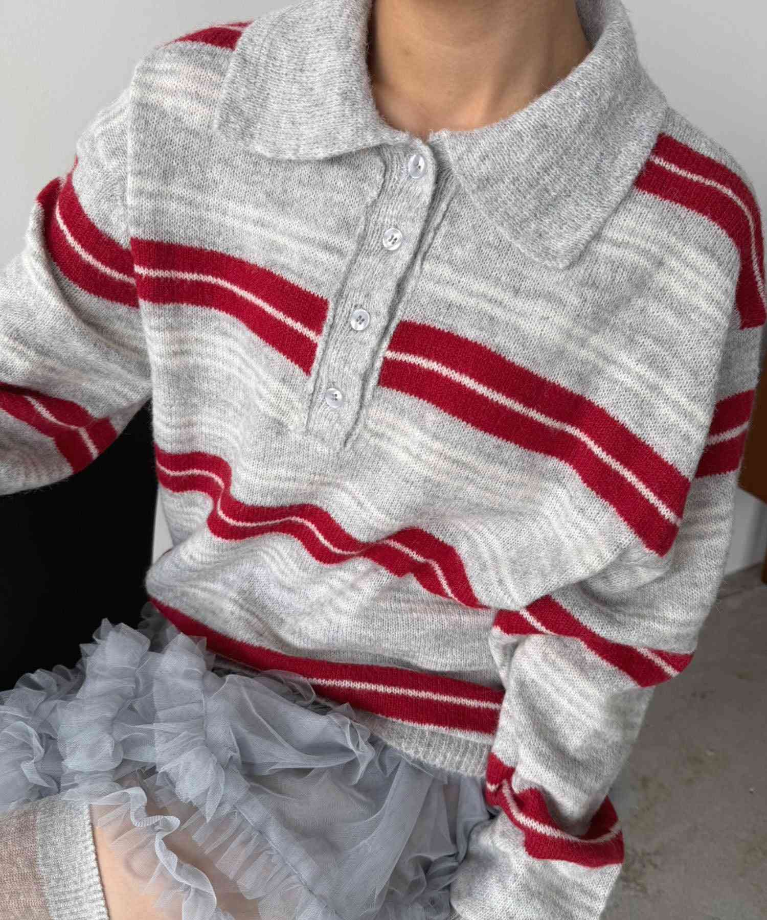 ジュエローブ Jewelobe ランダムボーダールーズポロニットプルオーバー (ライトグレー) ライトグレー