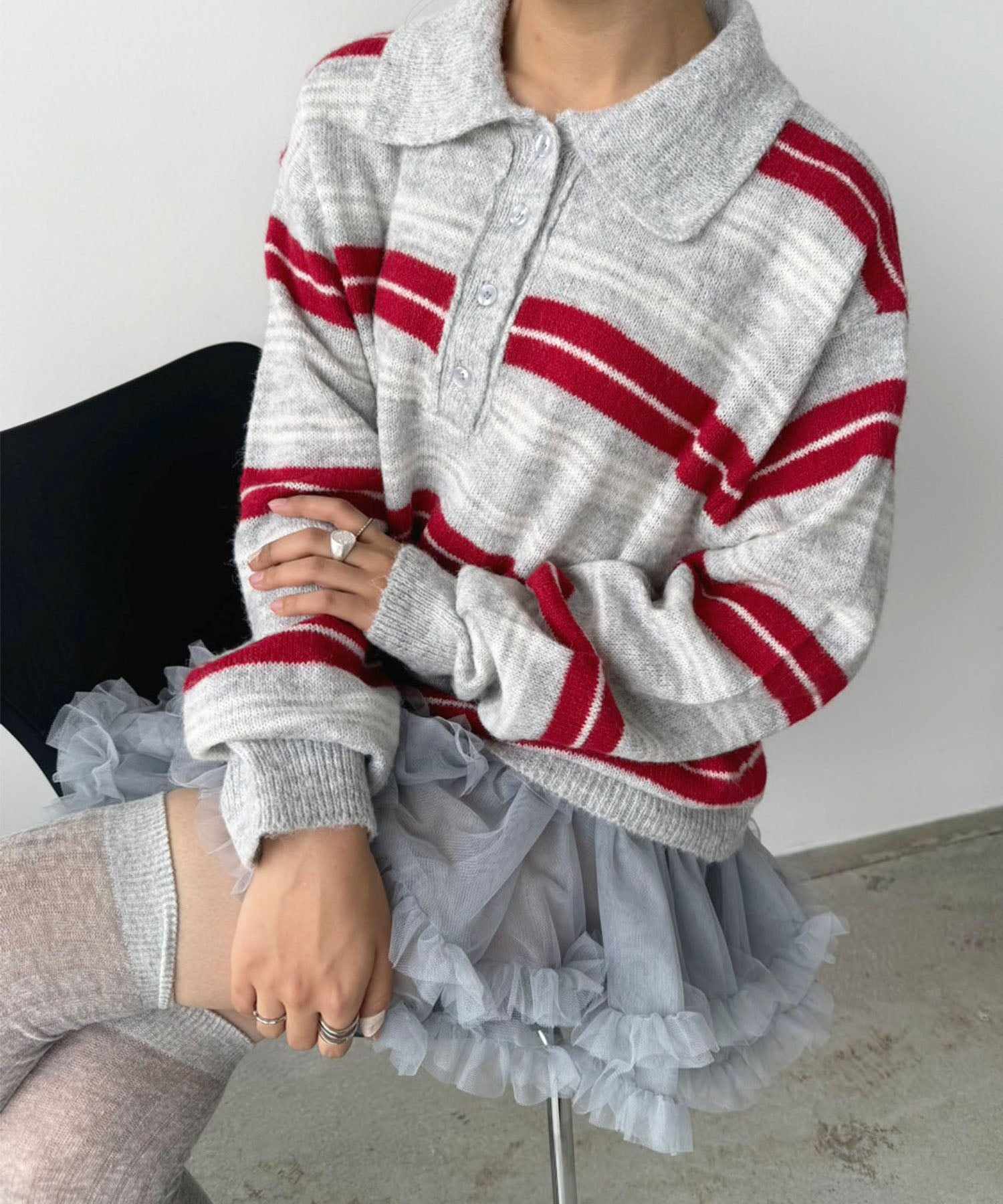 ジュエローブ Jewelobe ランダムボーダールーズポロニットプルオーバー (ライトグレー) ライトグレー