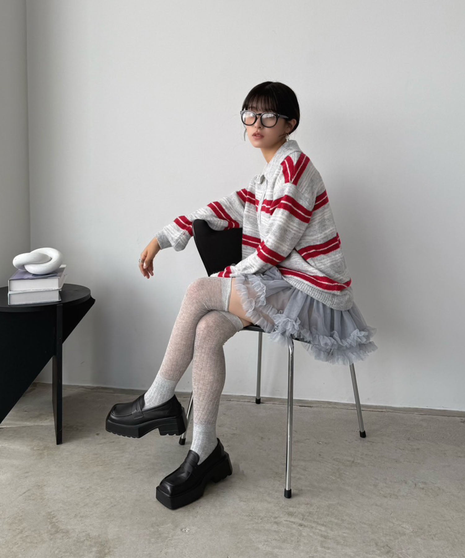 ジュエローブ Jewelobe ランダムボーダールーズポロニットプルオーバー (ライトグレー) ライトグレー