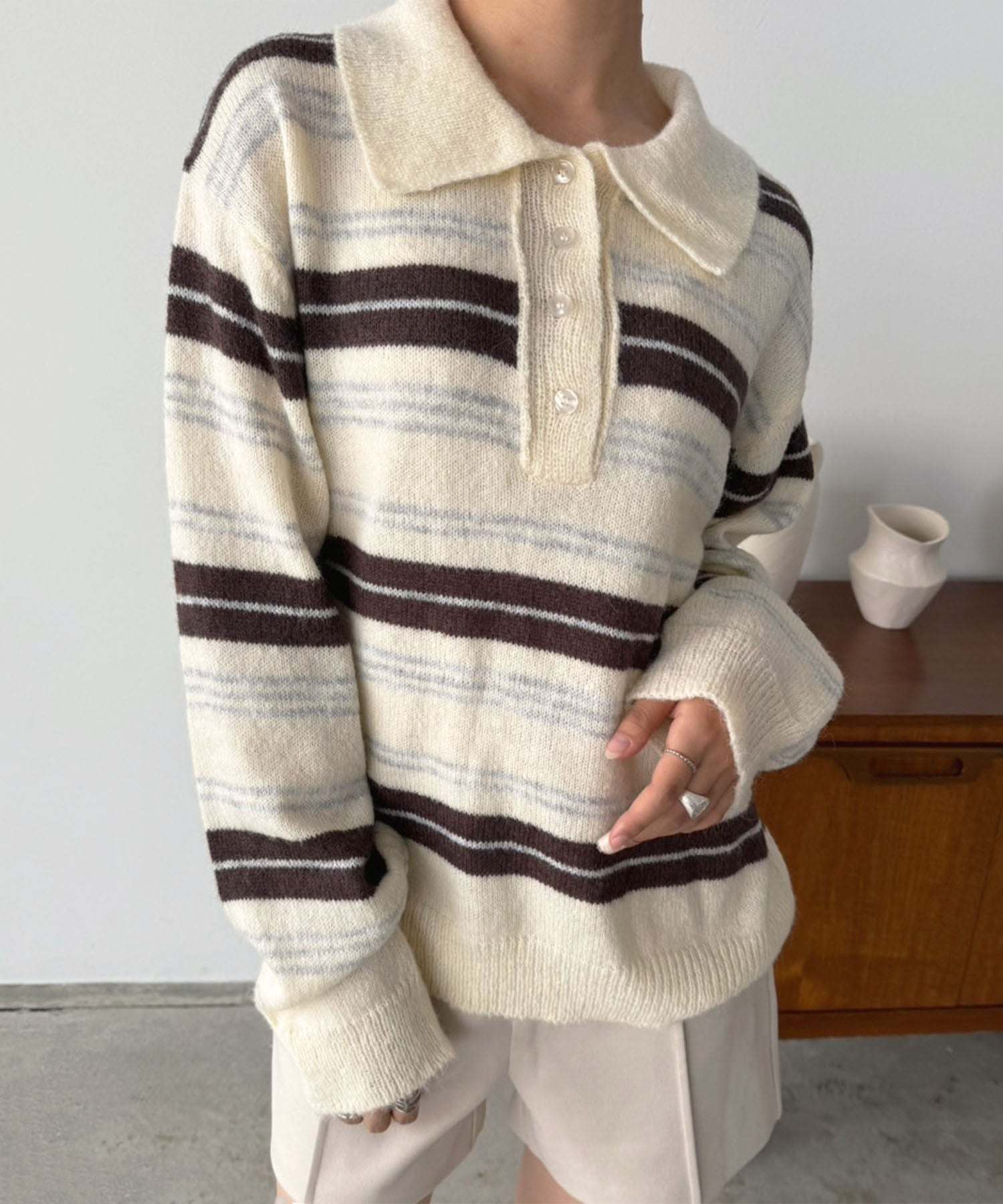 ジュエローブ Jewelobe ランダムボーダールーズポロニットプルオーバー (アイボリー) アイボリー