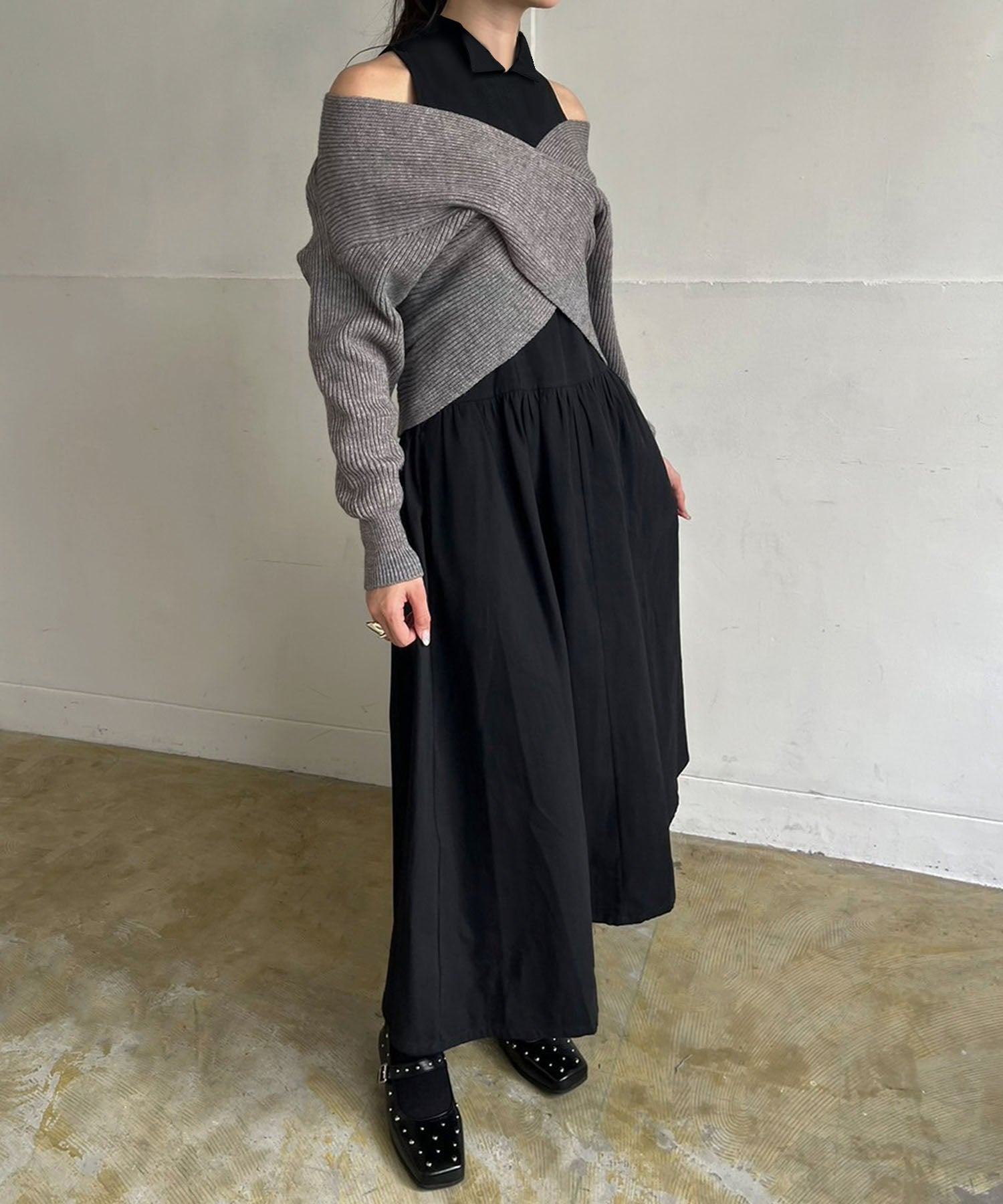 ジュエローブ Jewelobe クロスカシュクールニット&ウィングカラーアメスリワンピースセット,グレー