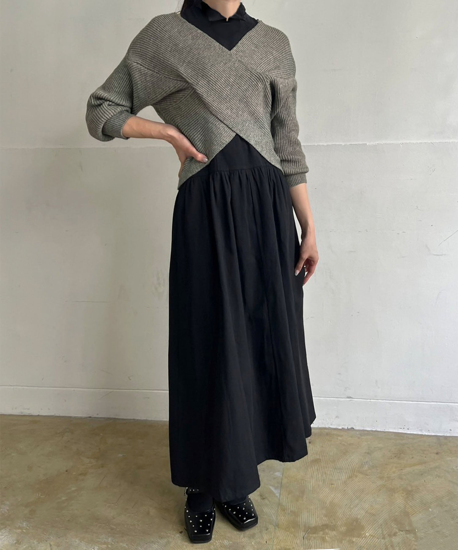 ジュエローブ Jewelobe クロスカシュクールニット&ウィングカラーアメスリワンピースセット