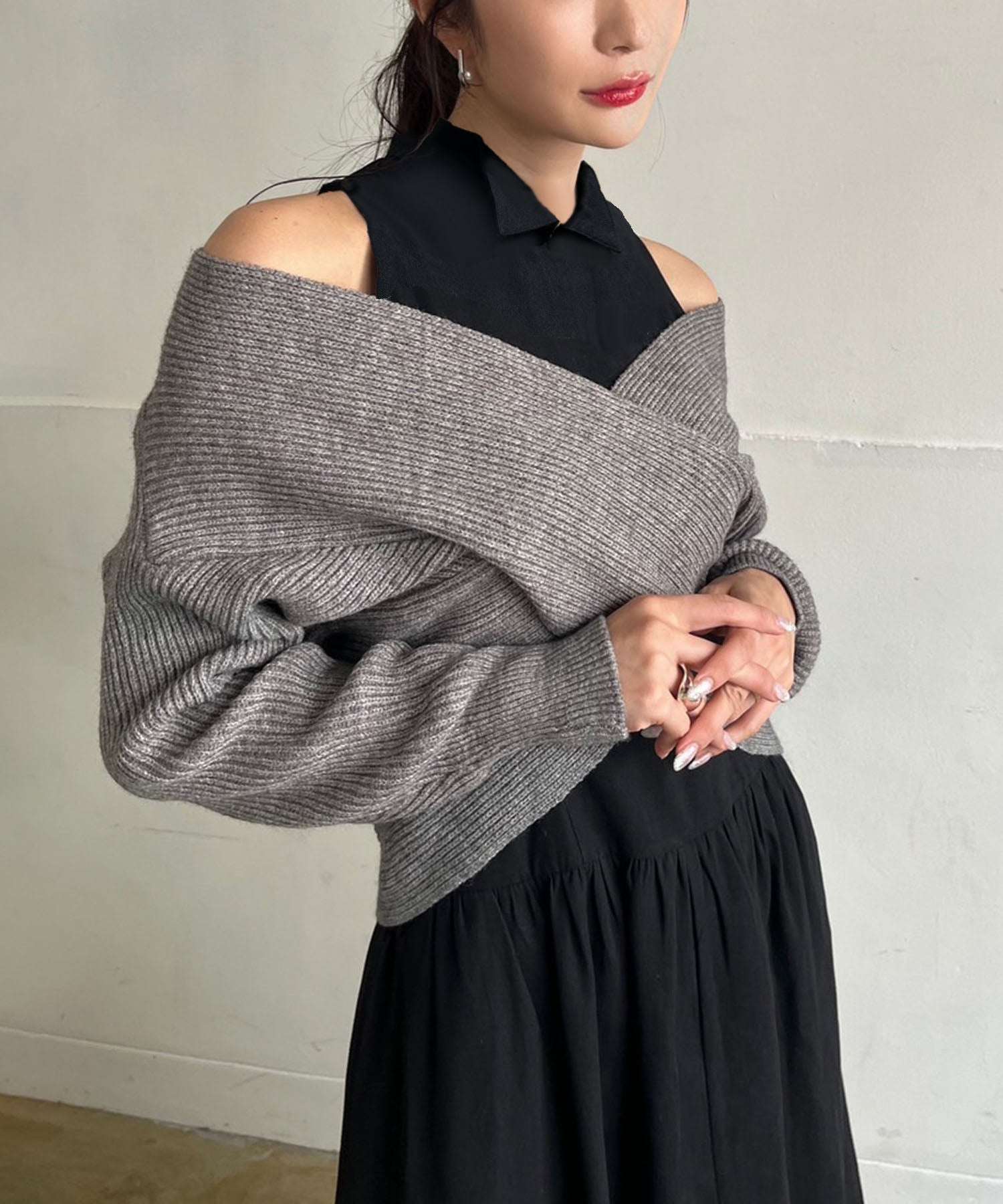 ジュエローブ Jewelobe クロスカシュクールニット&ウィングカラーアメスリワンピースセット