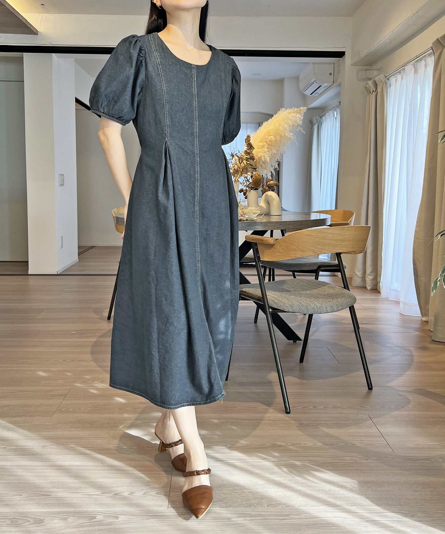 green emerald velvet dress Jewelobe Volume Sleeve Waist Mark Flared Denim Dress